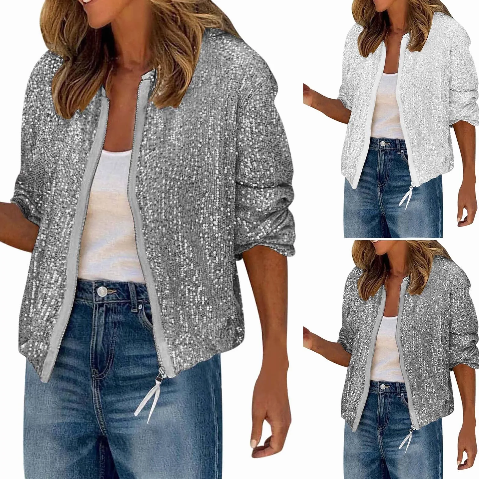 Chaqueta bomber de lentejuelas para mujer, ligera, con cremallera, holgada, sin capucha