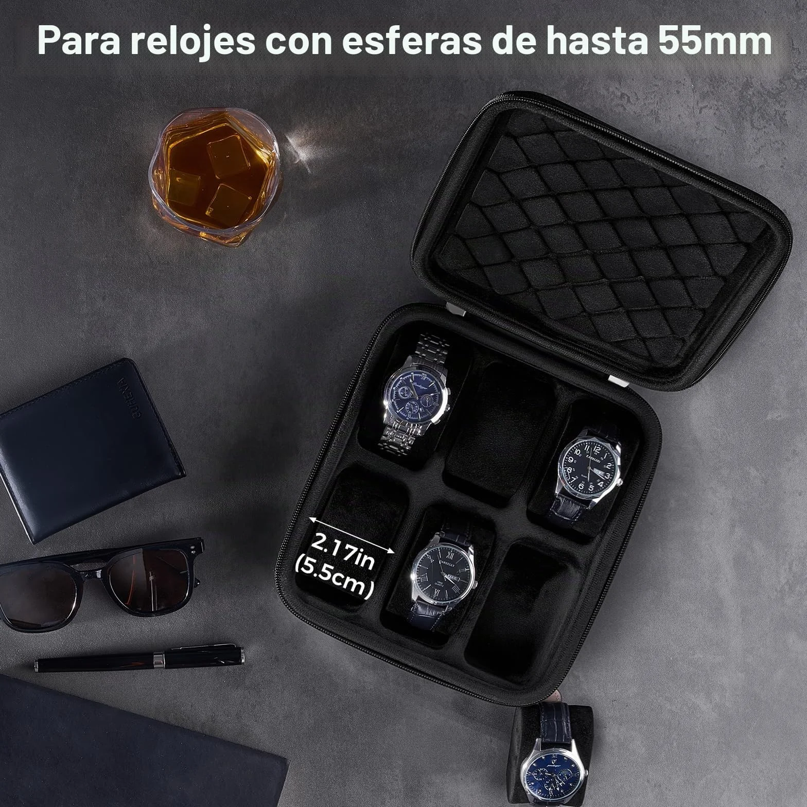 ProCase Estuche para Relojes de Viaje - Caja Rígida con 6 Ranuras, Organizador Multi-Compartimentos. Ideal para Hombres y Mujeres de Negocios, Práctico para Viajes, Regalos y Uso Diario - Negro