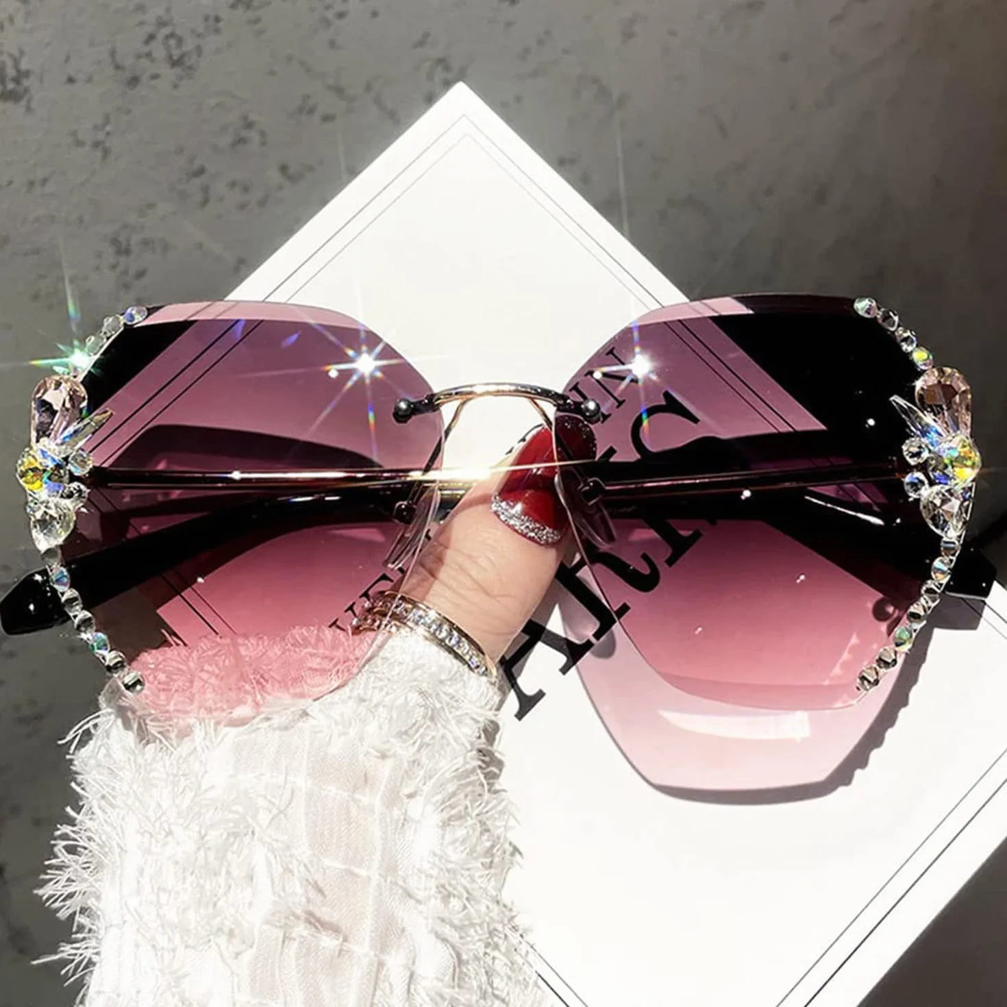 Gafas de Sol de Diamante sin Montura para Mujer 2022, Gafas de Sol de Diamante Degradado de Gran tamaño, Gafas de Sol de Cristal con protección UV
