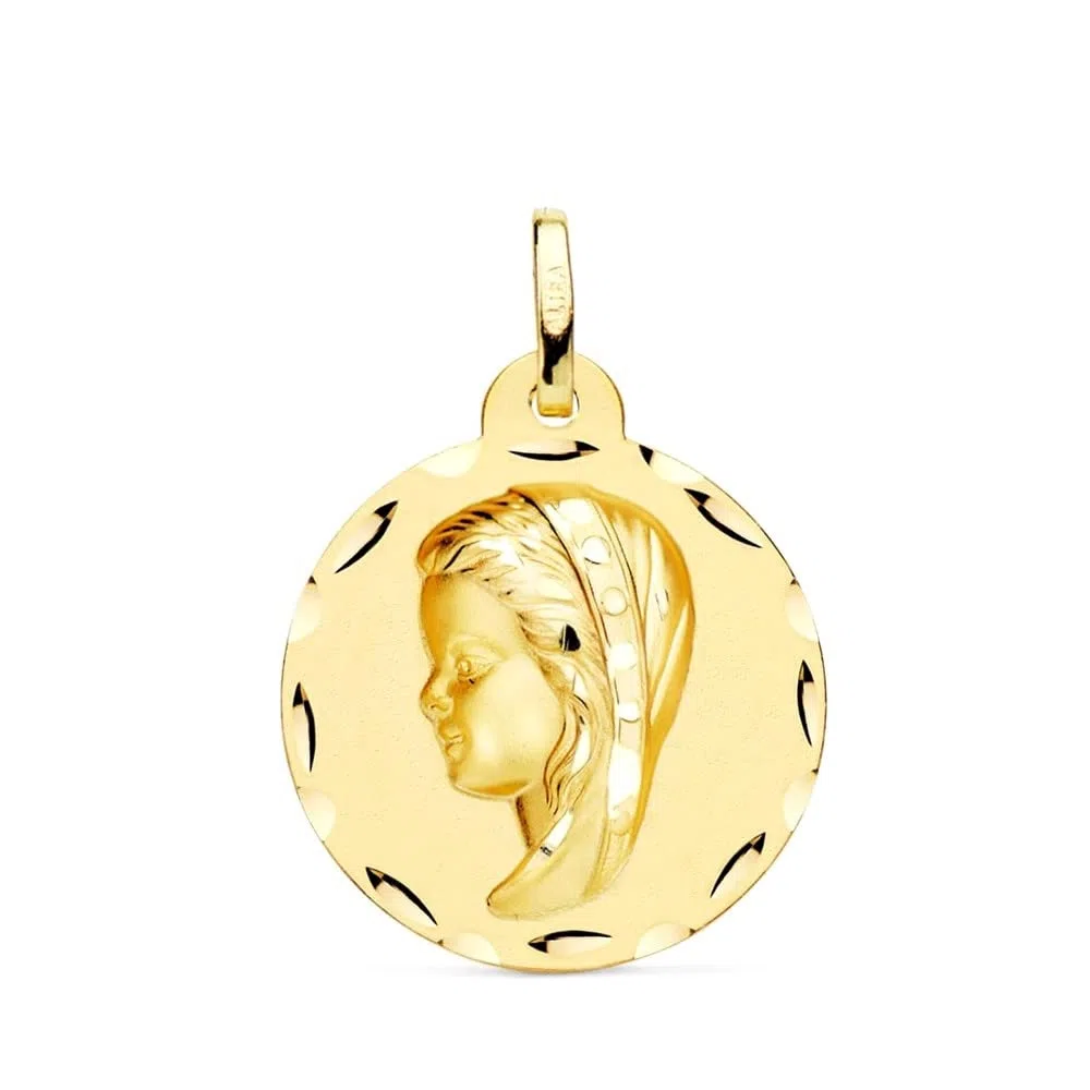 Virgen Niña Medalla Oro 18k Primera Comunión 24mm. borde detalles tallados - Personalizable - GRABACIÓN INCLUIDA EN EL PRECIO