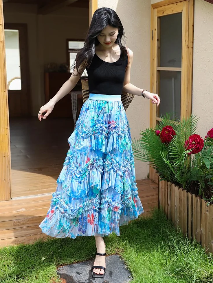 Faldas Mujer, Skirts Tul en Capas Mujer Falda Princesa Floral Cintura Alta Falda Interior Irregular Corte Estilo Informal Básica Salir A la Playa Y Vacaciones.