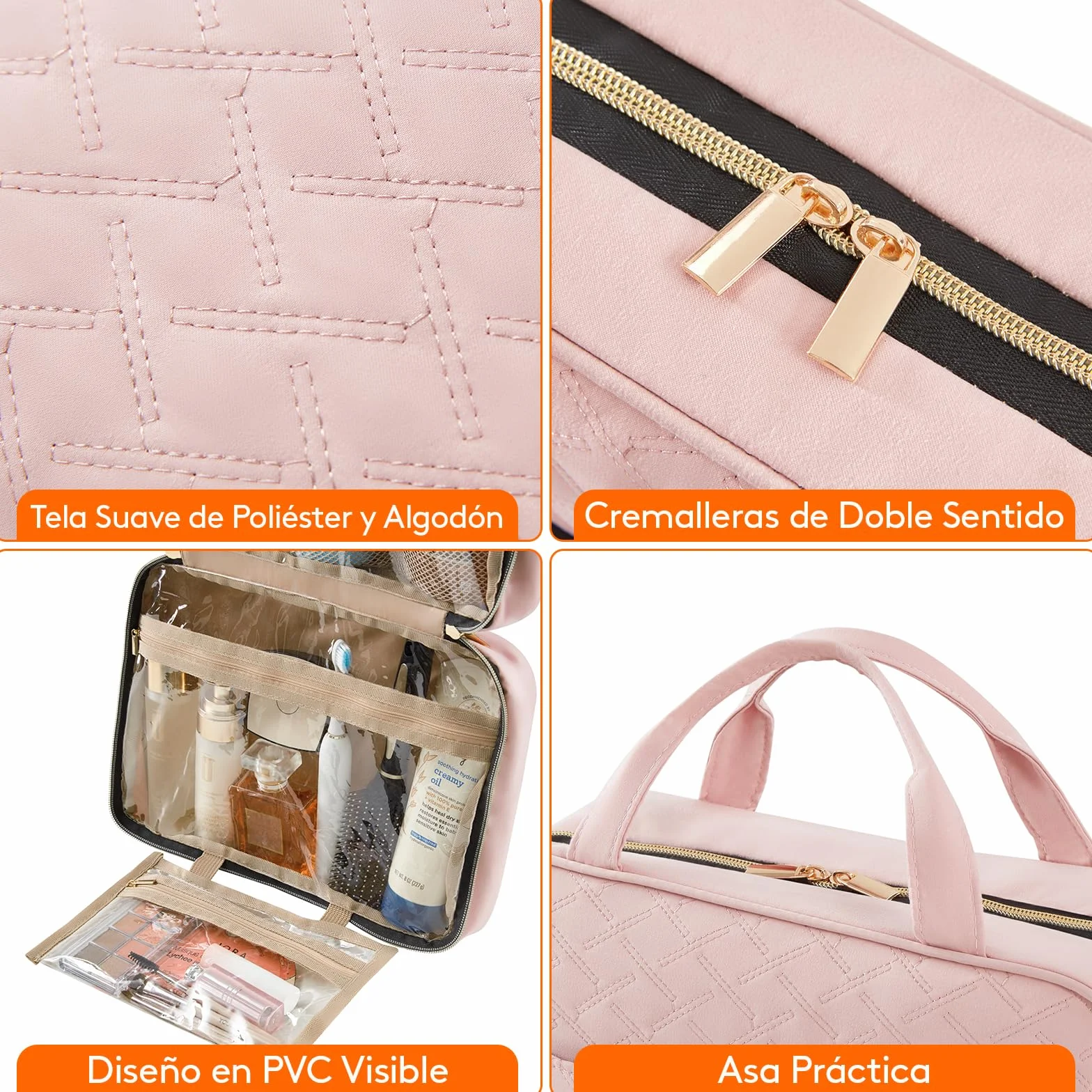 Lifewit Neceser Mujer Viaje, Bolsa de Maquillaje Organizador para Colgar, Grande Bolsas de Aseo con 4 Compartimentos Transparentes, Makeup Bag con Gancho, Grande, Rosa