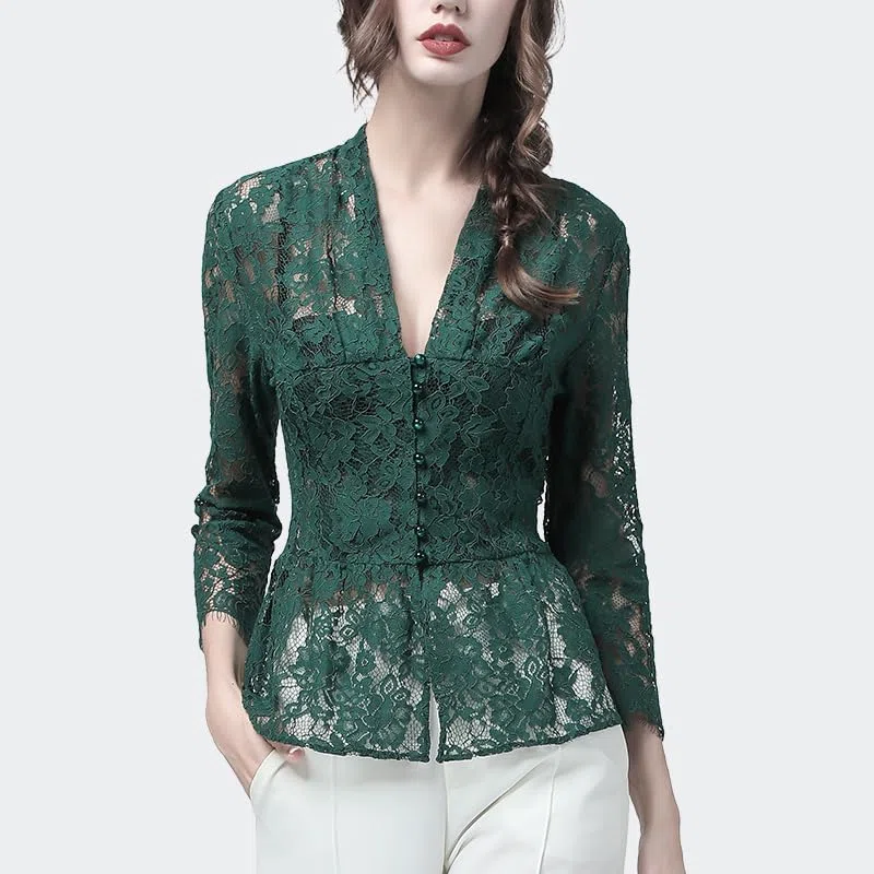 Blusa de Encaje para Mujer, Camisa Hueca Transparente, Top de Primavera y Verano con Mangas 9/10, Tops de Trabajo Ajustados Sexis con Cuello en V (En8 L)