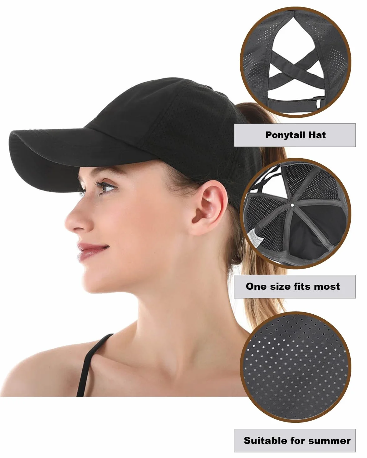 Gorra de Béisbol Mujer Cola de Caballo Transpirable Secado rápido Deporte Ajustable Buckle Malla - Negro