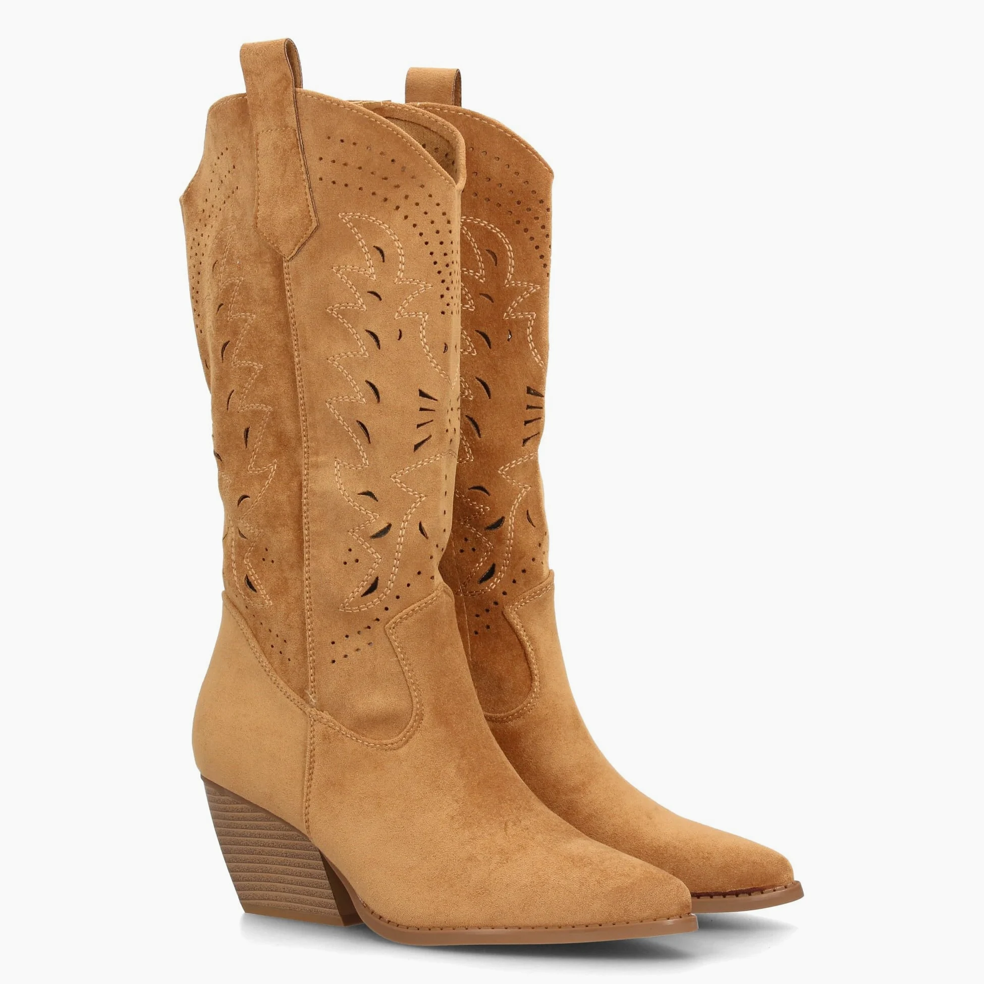 Bota Alta de Mujer Estilo Cowboy con Diseno Troquelado Decorativo, Punta Fina y Tacon campero Diseno Western, Entretiempo Ideal para Uso Diario Primavera Verano