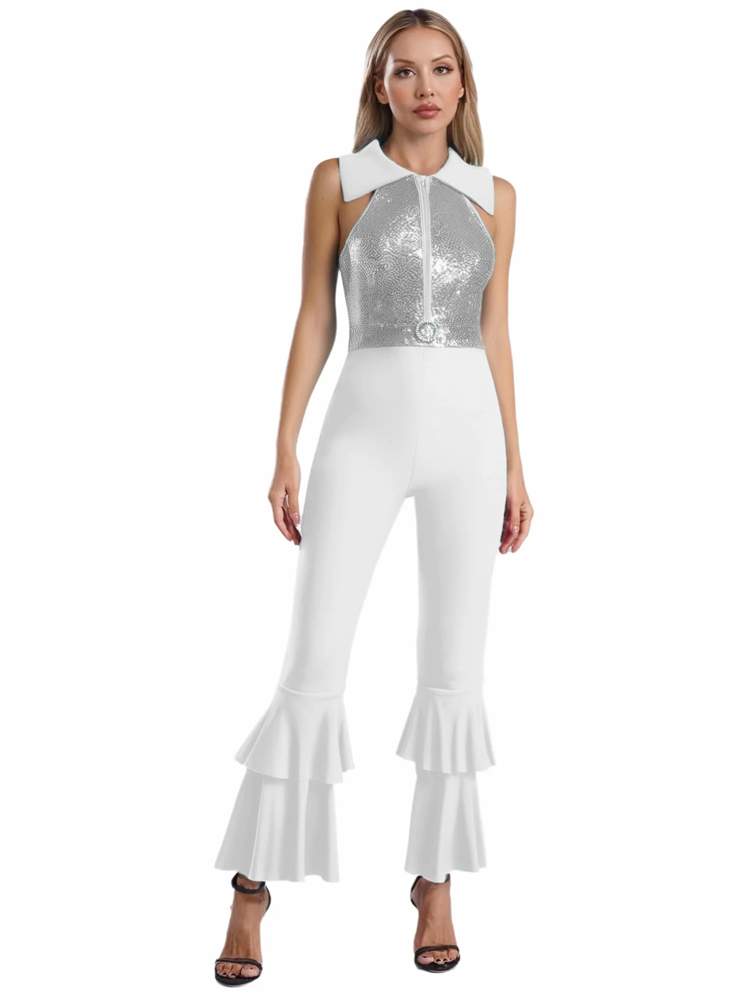 Disfraz Diva Disco Hedmy Mono Lentejuelas Baile Mujer sin Manga Enterizo Acampanado Cremallera Solapa S-4XL