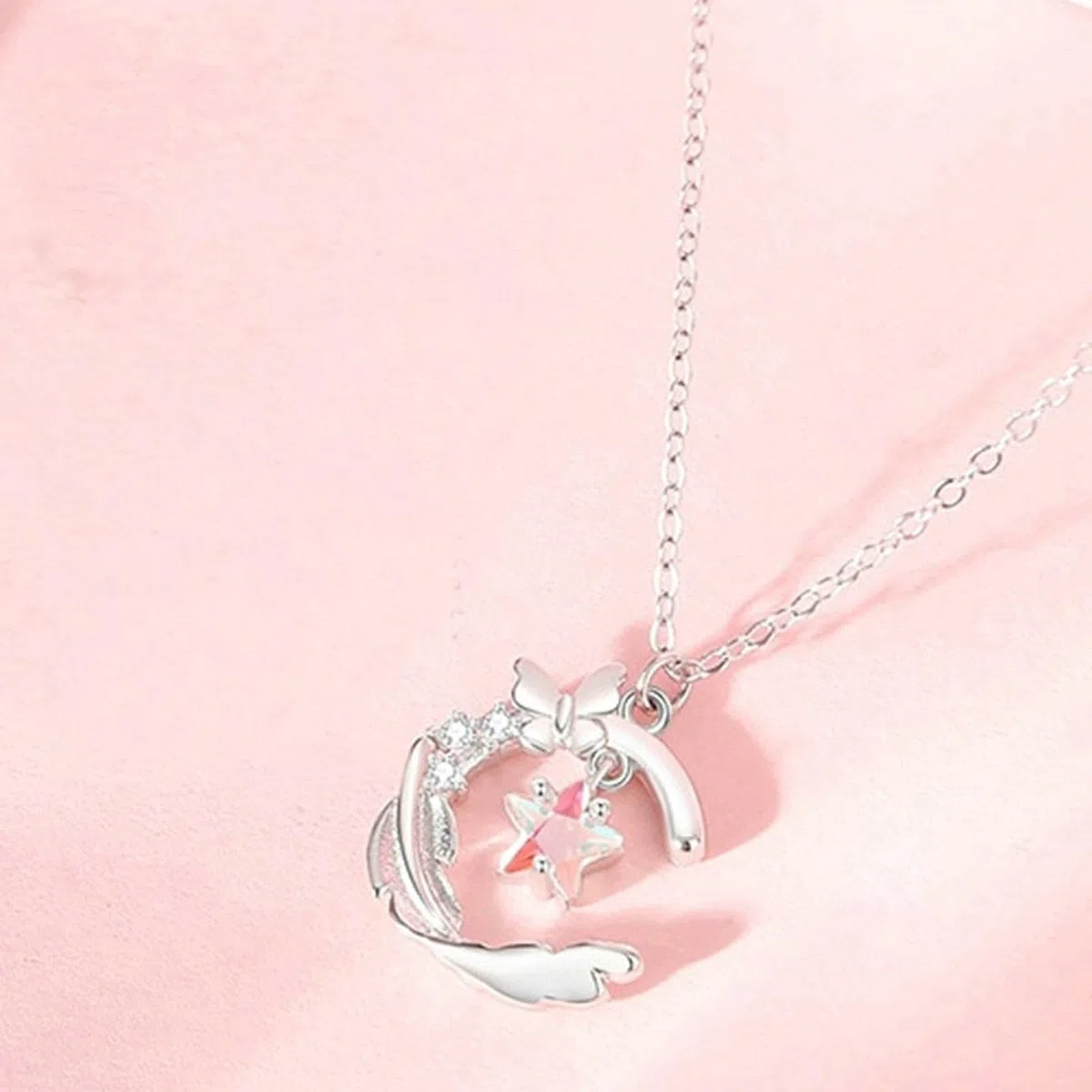Collares de oro blanco de 9/14/18 quilates para mujer, colgante de luna, estrella de mariposa con piedra lunar, collar de moda de 40 + 5 cm