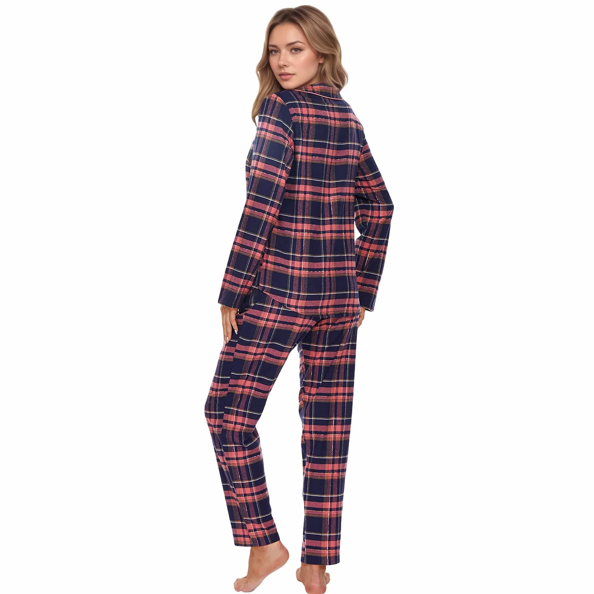 Mnemo Home Pijama largo de franela para mujer 100% algodón de franela