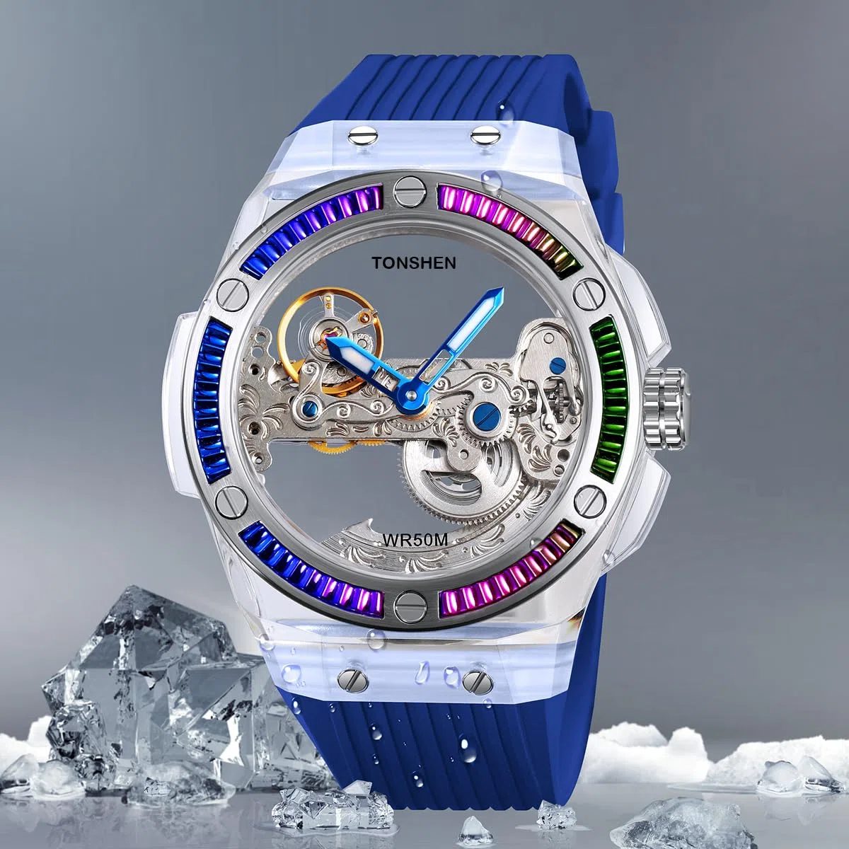 TONSHEN Fashion Acero Inoxidable Relojes da Unisex Analógico Automático Maquinaria Impermeable Reloj de Pulsera Goma Correa Hombres y Mujeres