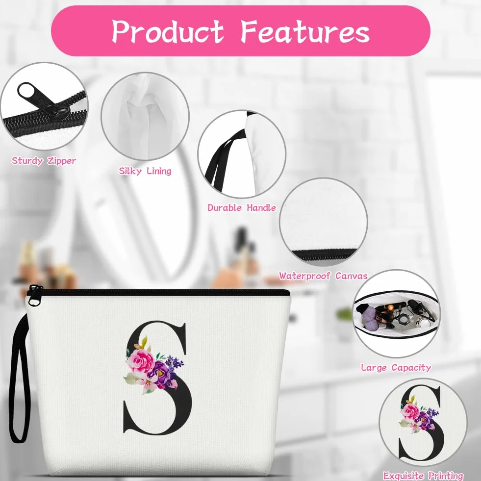 Aucuu Neceser Maquillaje Mujer, Neceser Mujer Personalizado, Bolsa de Cosméticos de Lona de Letras Impresas, Neceser de Viaje Portátil para Viajes, Almacenamiento (Letra S)