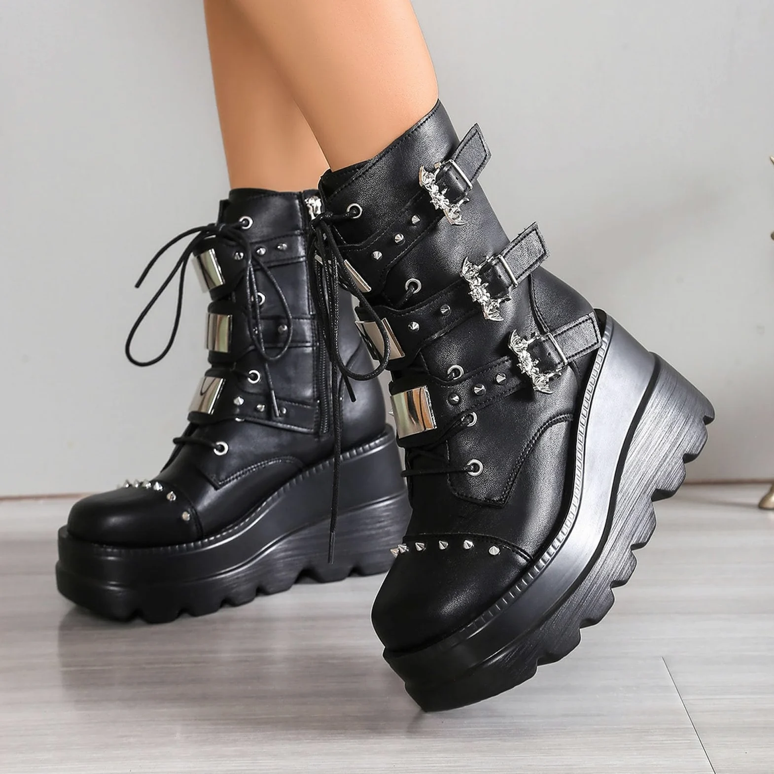 Generisch Botas de plataforma para mujer de estilo gótico llamativo - Botas con cordones con tacón de cuña y hebillas | Botas extravagantes para un look rebelde