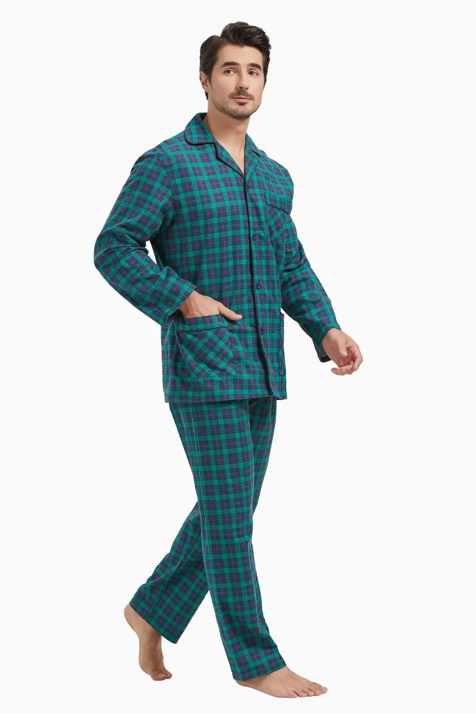 Amaxer Pijama de Dos Piezas Hombre, Conjunto de Pijama de Franela de algodón 100%, Ropa de Dormir para Hombre, Top de Manga Larga con Bolsillos, Pantalones de Pijama con cordón