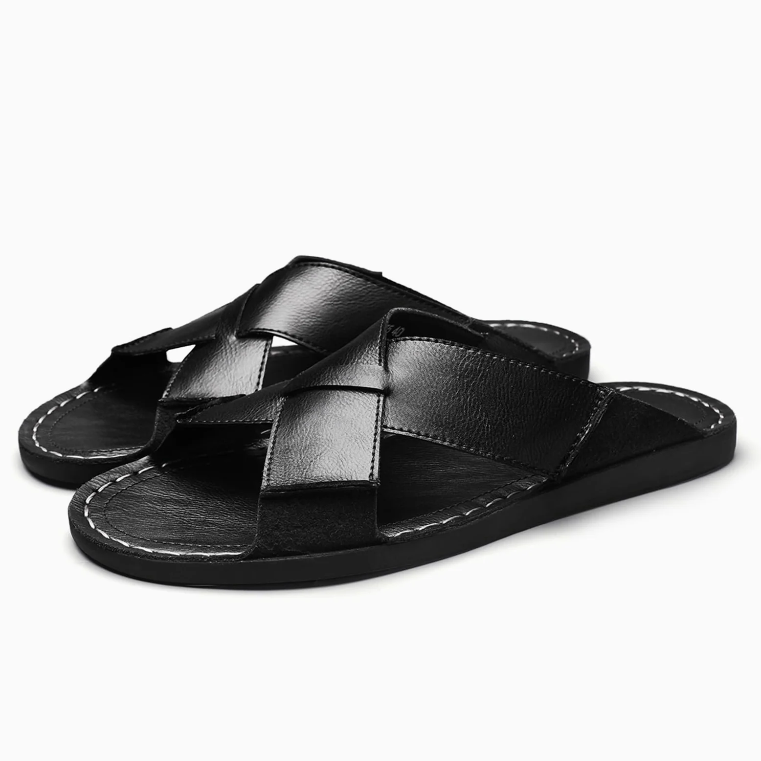 Sandalias de piel auténtica para hombre, cómodas, ligeras, abiertas, redondas, sin cordones, para exteriores, caminar, sandalias casuales de playa, Negro, 46 EU