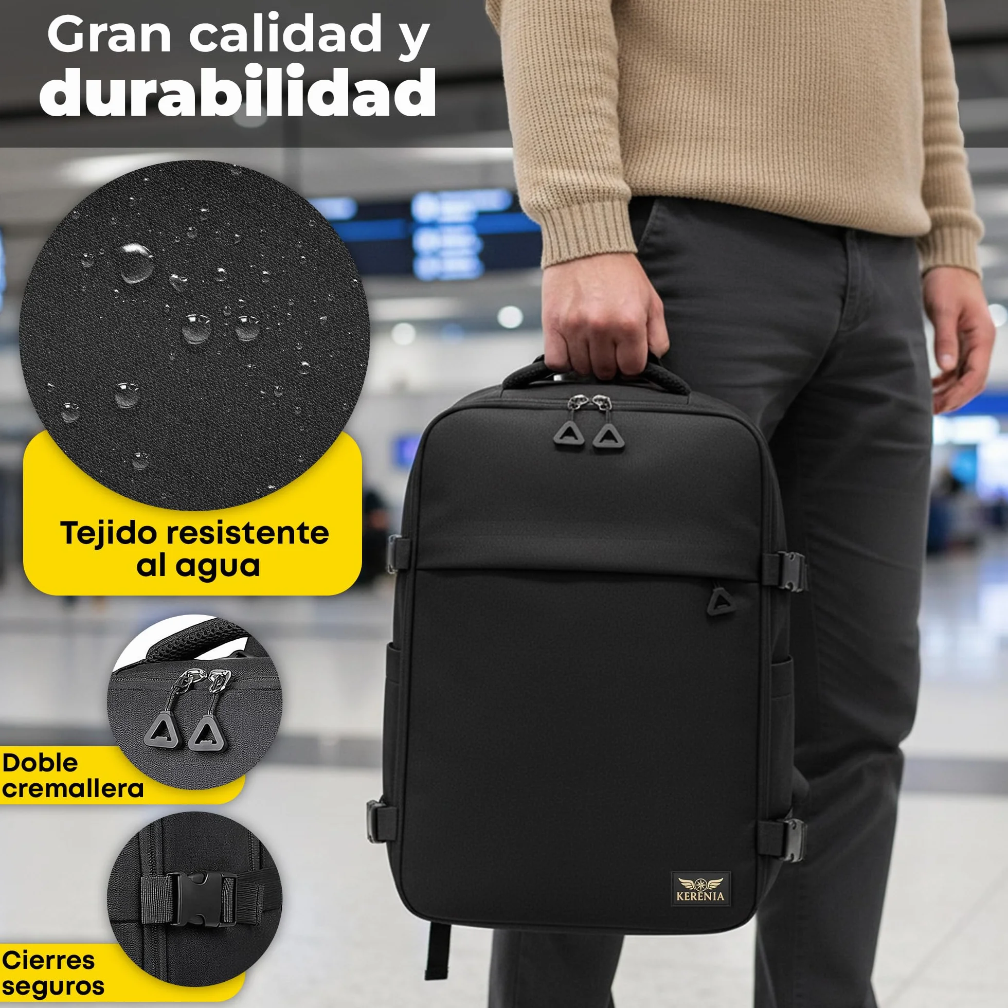mochila cabina 40x30x20 24L Para Ryanair – equipaje de mano Bajo Asiento, mochila de viaje 40x30x20, Apertura 180º, Antirrobo, Compartimento portátil 15”, Banda Trolley, Diseñada en España.