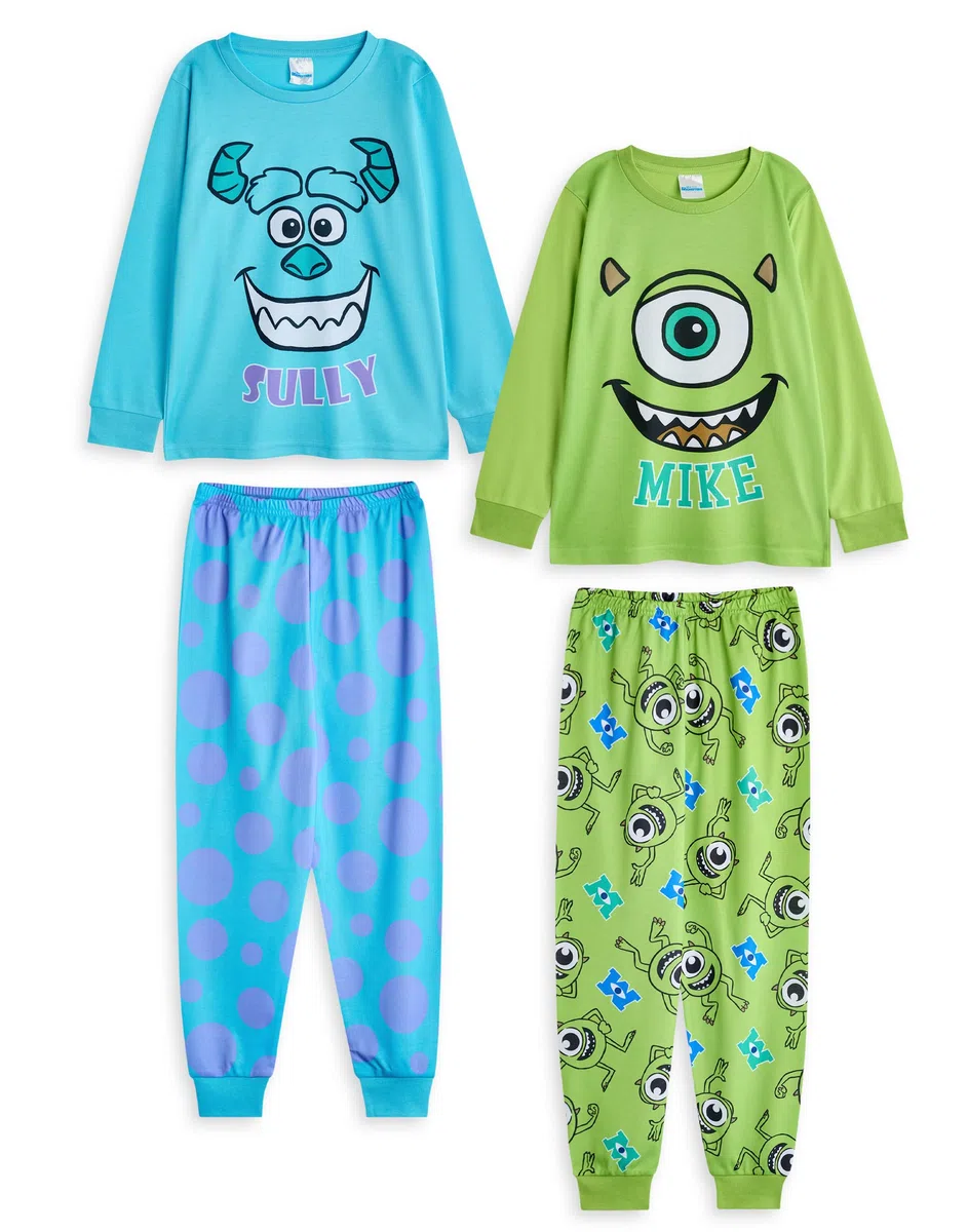 Disney Monster Inc Conjunto de Pijama para niños, Paquete de 2 | Niños Camiseta de Manga Larga con gráfico Sully & Mike y Pantalones de Pijama de Pernera Larga (Azul y Verde)