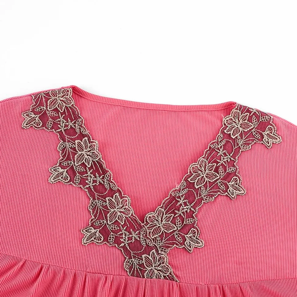 Camisón para Mujer - Vestido De Noche Elegante De Encaje para Mujer, Camisones con Cuello En V, Yardas Grandes, Camisón De Manga Corta, Ropa De Dormir Modal De Seda Helada, Verano