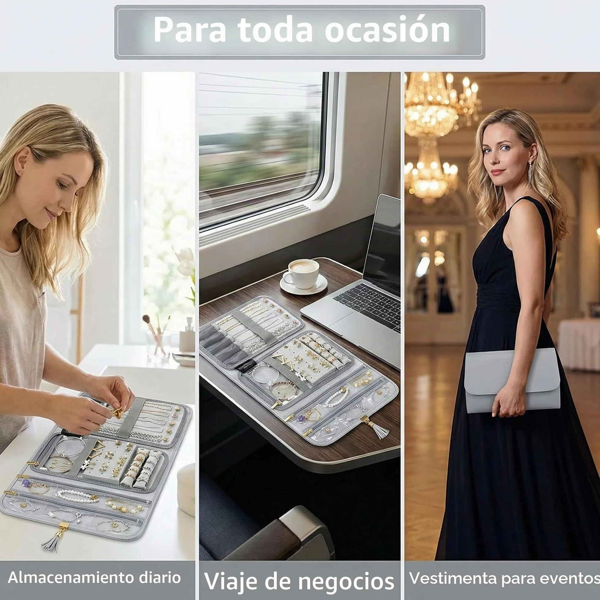 Rollo de Joyería Plegable Portáti Gran Capacidad Bolsa de Rollo de Joyería Portáti Enrollable Suave para Joyería Caja Joyero Portátil para Collares,Pendientes,Anillos, Pulsera,Pendientes Anillos(Gris)