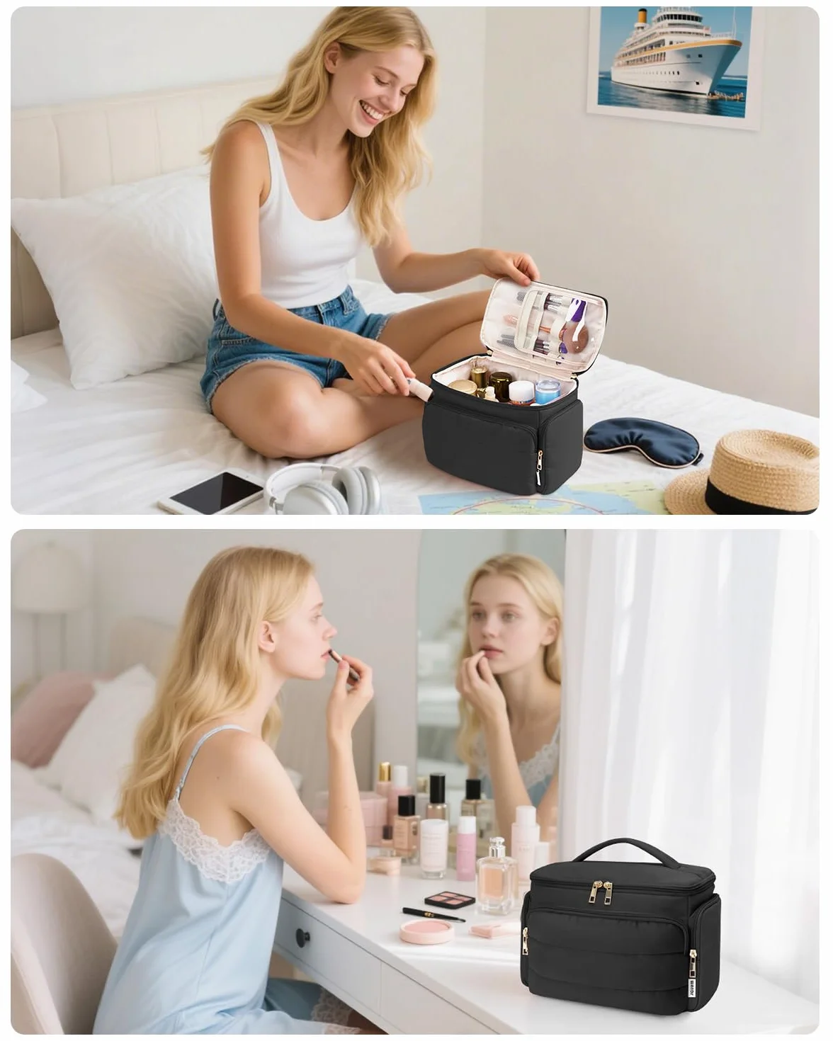 WANDF Neceser de Viaje Grande, Bolso de Maquillaje de Apertura Amplia con Asa, Bolso Cosmético Hinchado para Toallas, Cosméticos, Accesorios y Elementos Esenciales para Mujeres