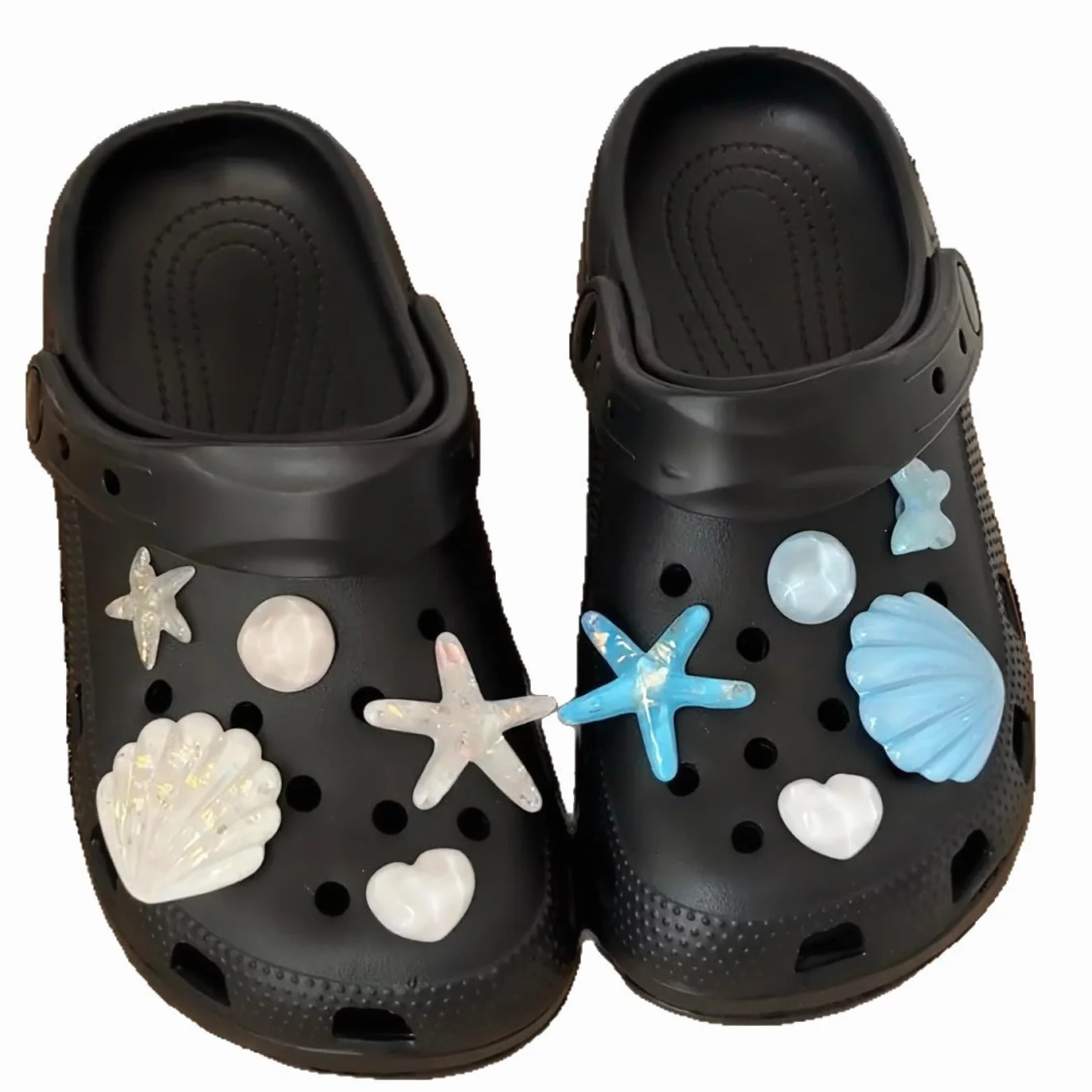 Juego de 9 dijes decorativos para zapatos, bonitos dijes brillantes para sandalias de zuecos, tema de playa de verano con estrella de mar, conchas marinas y perlas