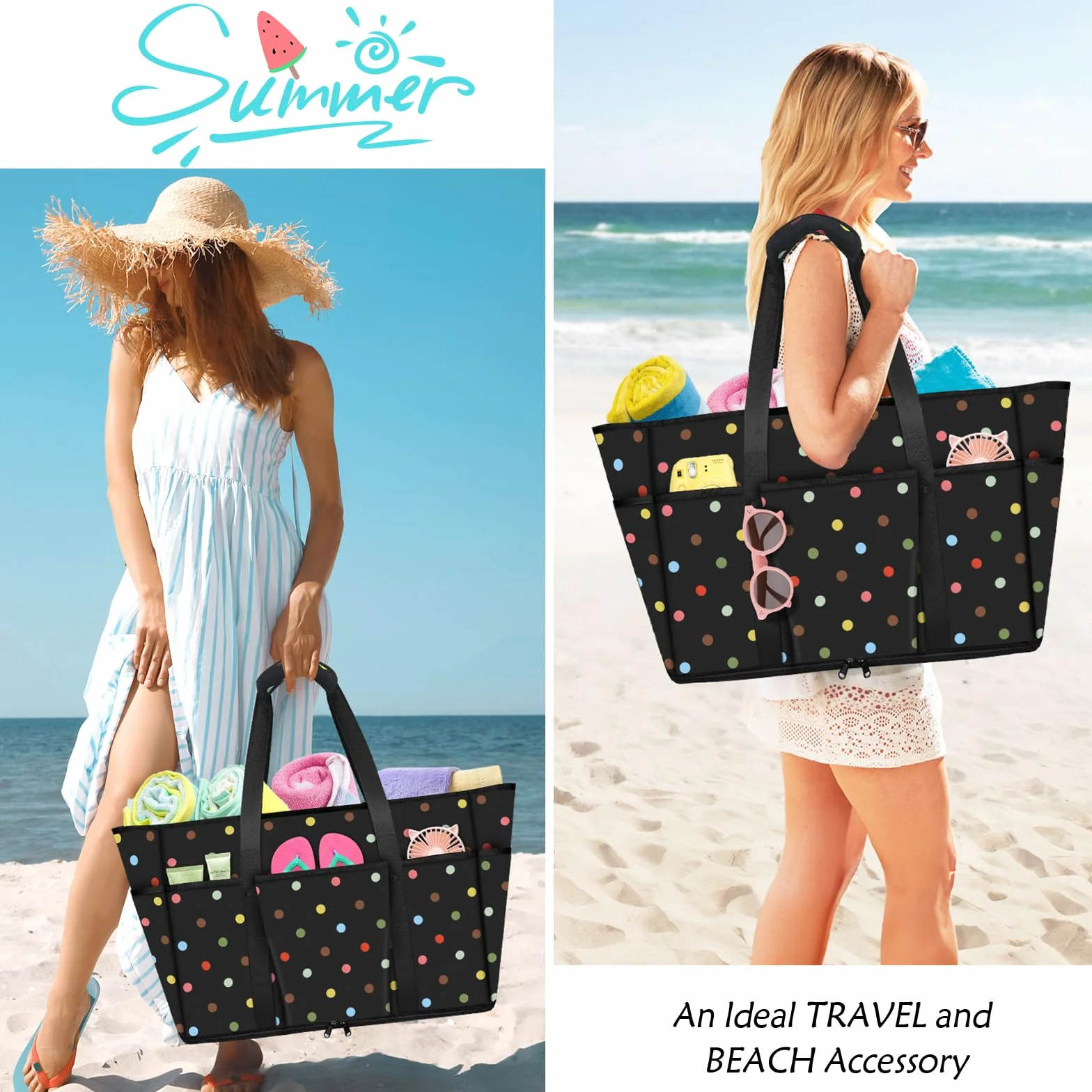 LUROON Bolsa Playa Grande XXL Familiar con Cremallera Impermeable Bolso de Playa Mujer Plegable Shopper Bolso Playa Mujer para Viaje Compras 50 * 35 * 20cm