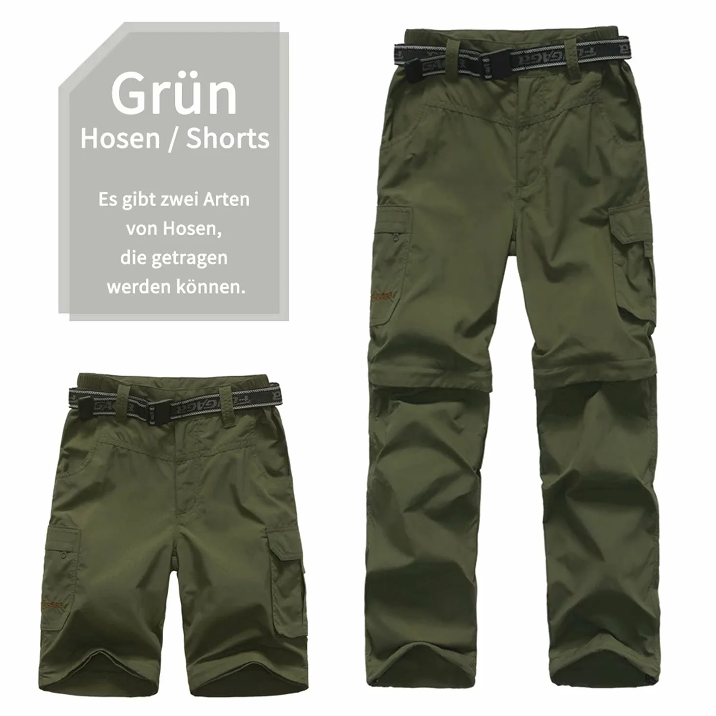 FLYGAGA Pantalones al Aire Libre para niños Senderismo con Cremallera Pantalones Cortos de Pierna Desmontables Trekking Unisex Chicas jóvenes de Verano con cinturón Transpirable de Secado rápido