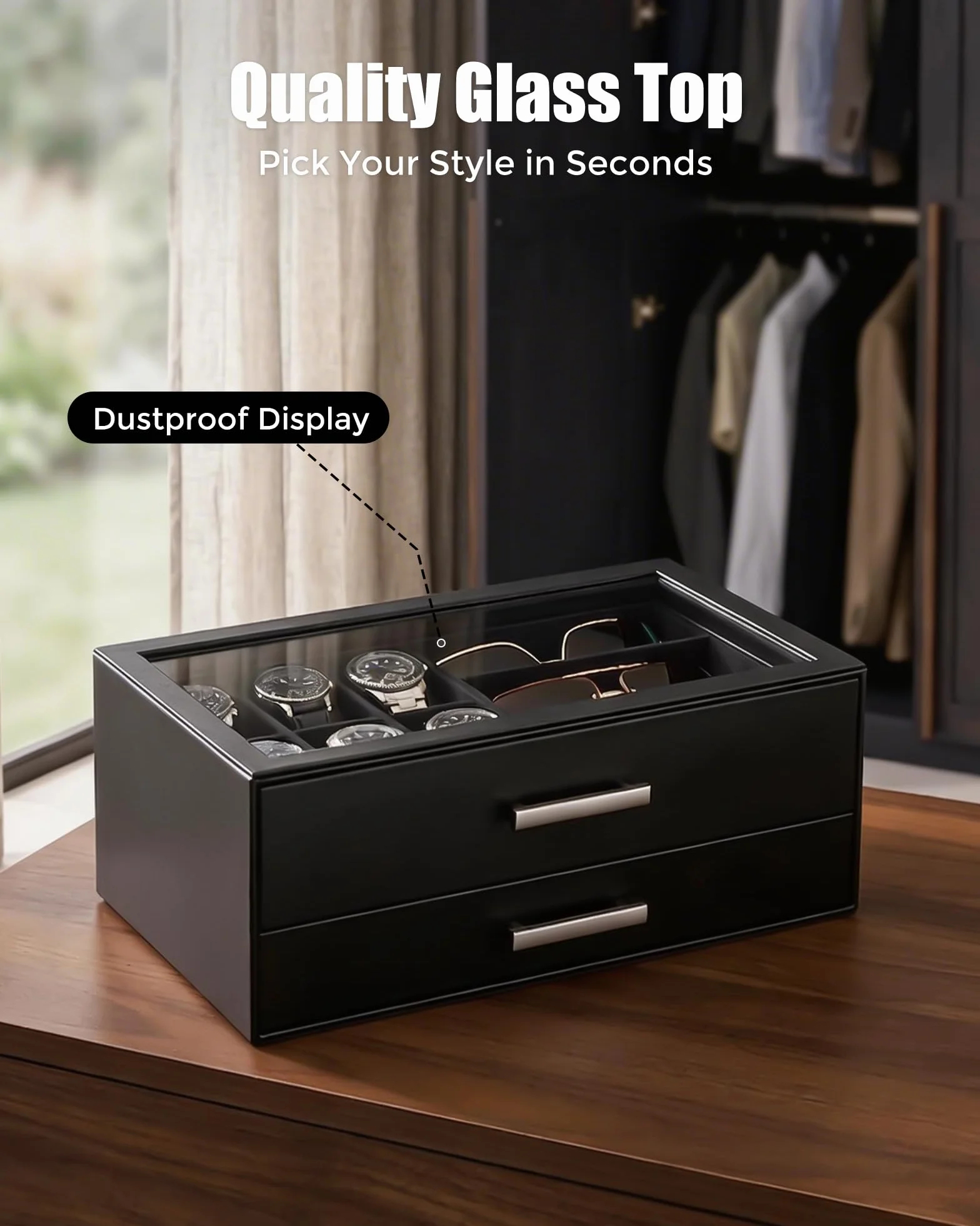 ProCase Caja para Relojes, Estuche para Relojes, Organizador de Joyas para Hombre, Almacenamiento de Joyas con Tapa de Cristal Transparente, 2 Niveles, Almacenamiento para Relojes, Gafas -Negro