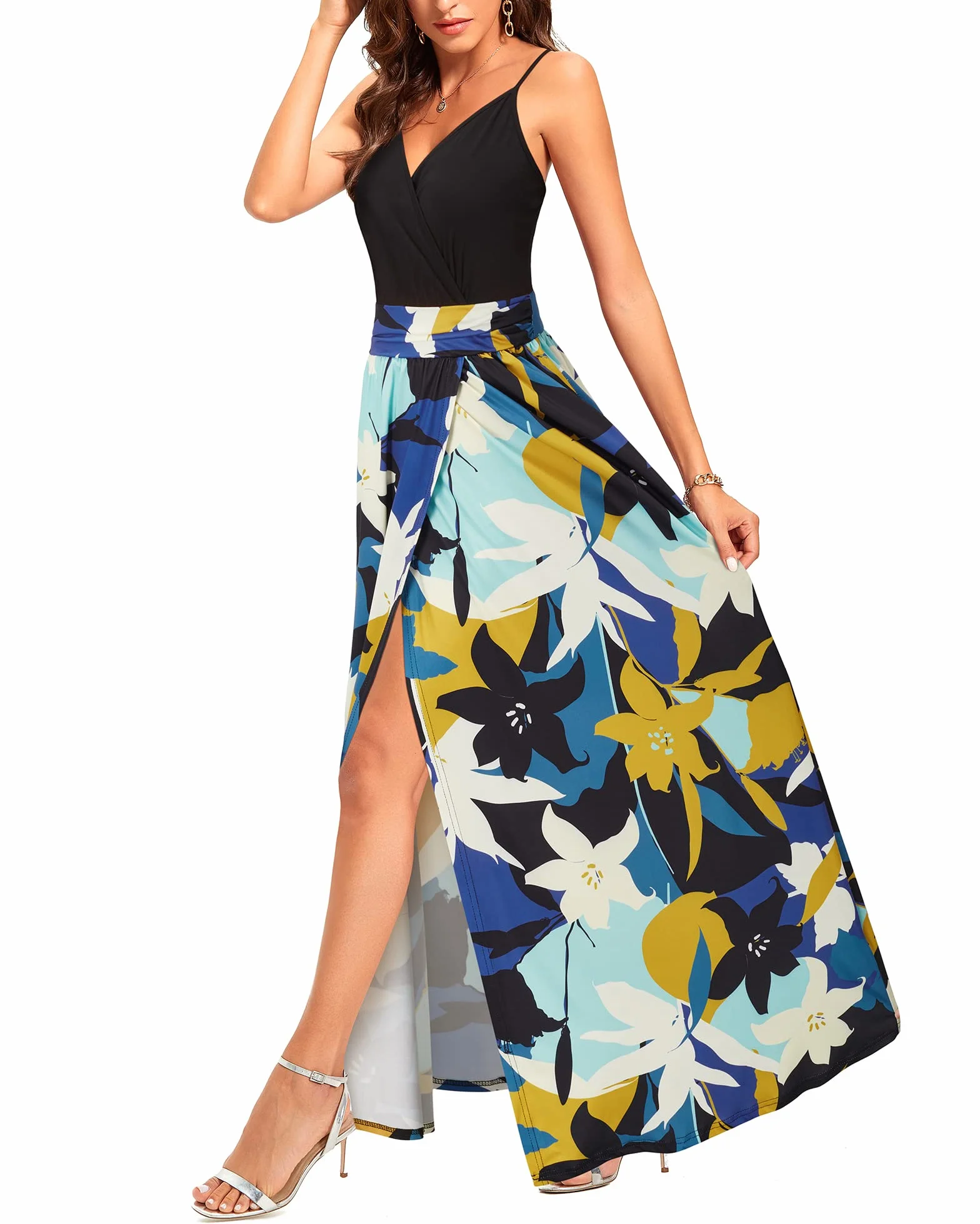 Vestido de Verano Mujer Cuello en V Abertura Largo Maxi Elegante Invitada Boda
