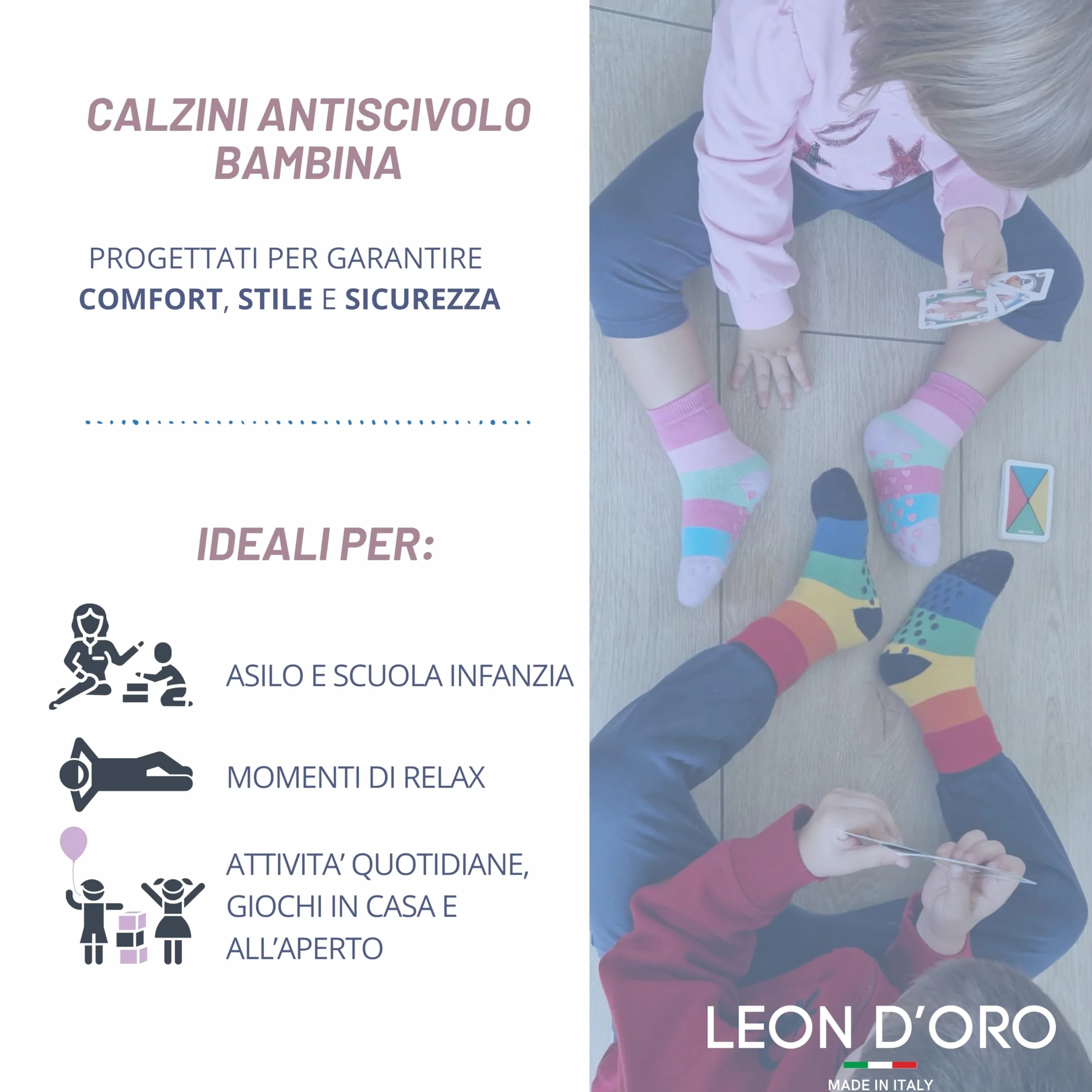 LEON D'ORO Calcetines de niña antideslizantes de algodón para niña, ABS, escuela, casa, hinchables, fabricados en Italia