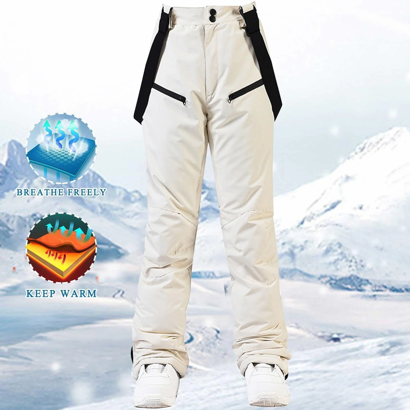 Pantalones de esquí para mujer, talla larga, pantalones de nieve, tirantes extraíbles, resistentes al agua, resistentes al viento, pantalones de senderismo, costuras selladas, paranieves, pantalones
