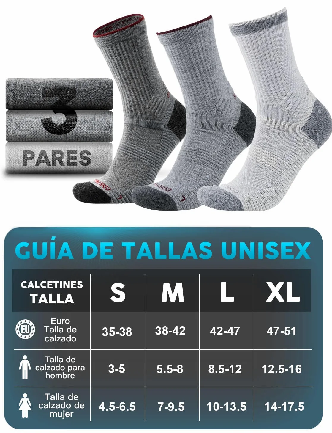 Juclise Calcetines de Senderismo de Lana Merino para Hombre - Grosor Medio, Transpirable, Absorbe la Humedad, Anti-Ampollas, Con Acolchado y Compresión