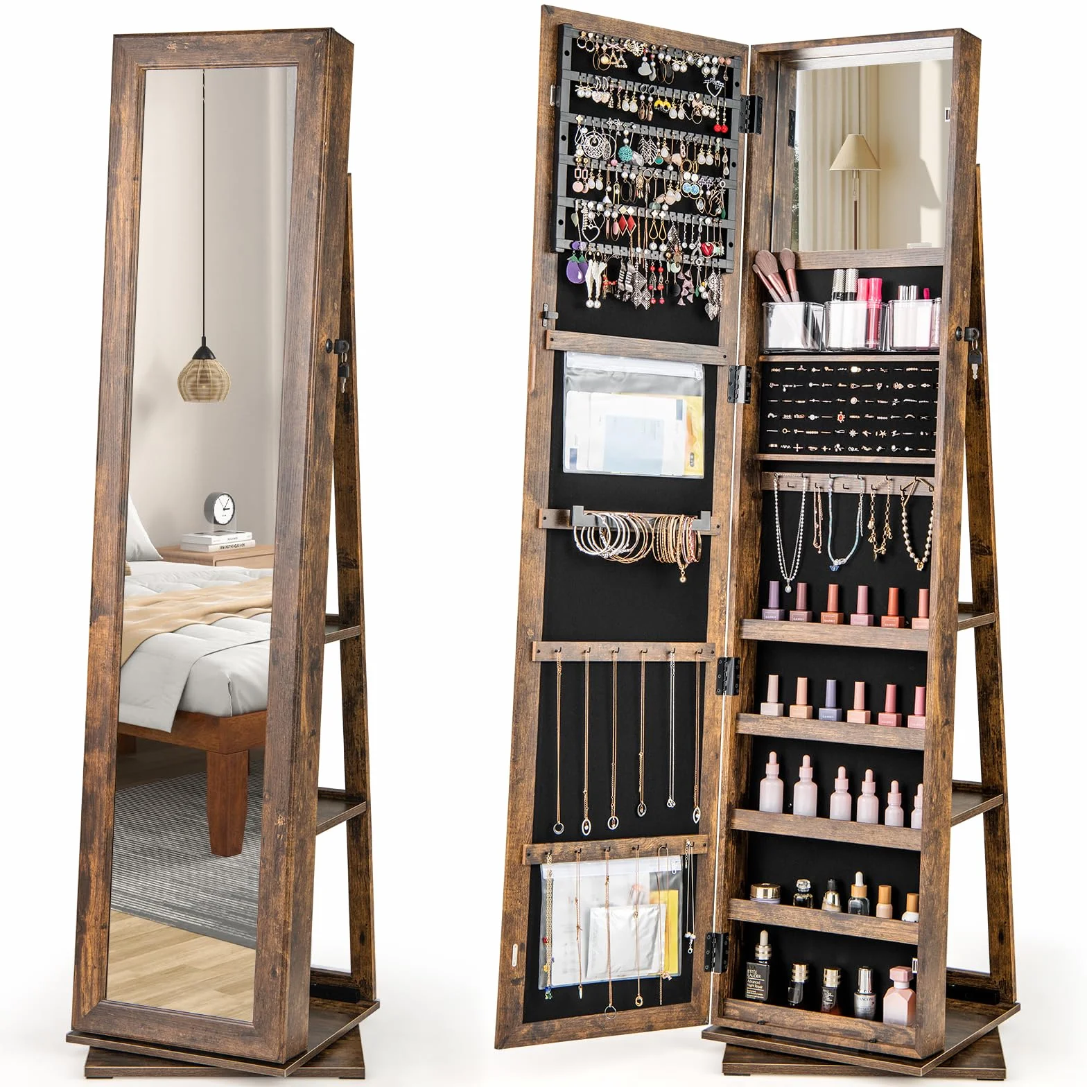 COSTWAY Armario para Joyas Giratorio 360°, Espejo Joyero de Pie con Estantes Traseros, Espejo de Maquillaje Integrado, 3 Cajas y 2 Bolsillos con Cremallera para Dormitorio (Marrón)