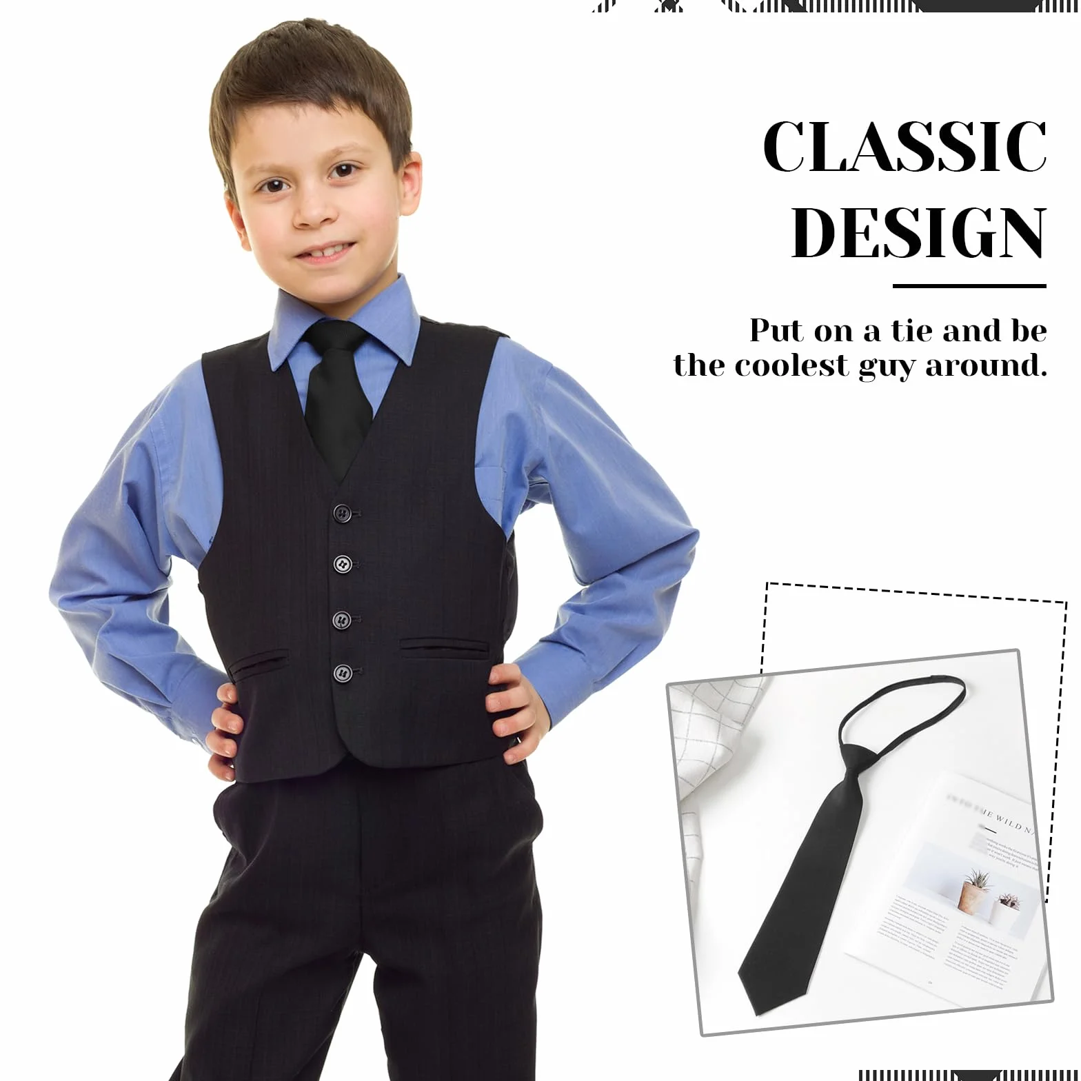 Corbata para niños de 2 piezas, lazo ajustable, negra, elegante, disfraz