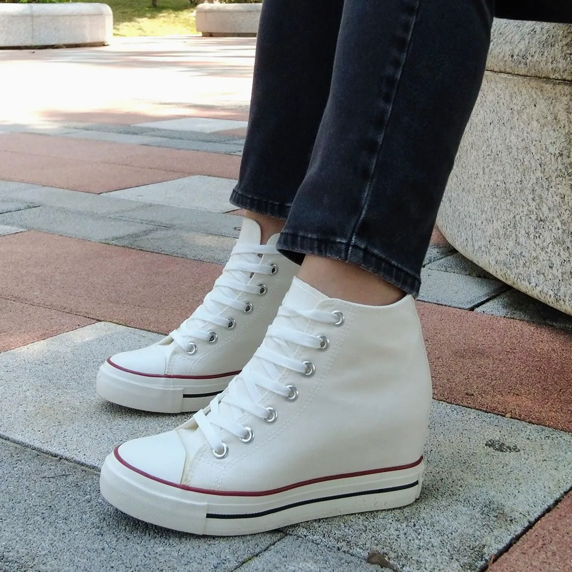 Mujer Zapatos de Lona Cuñas Plataforma Zapatillas Altas | Casuales Moda Botines Ligeras Negro Blanco 35-40 Con cuña