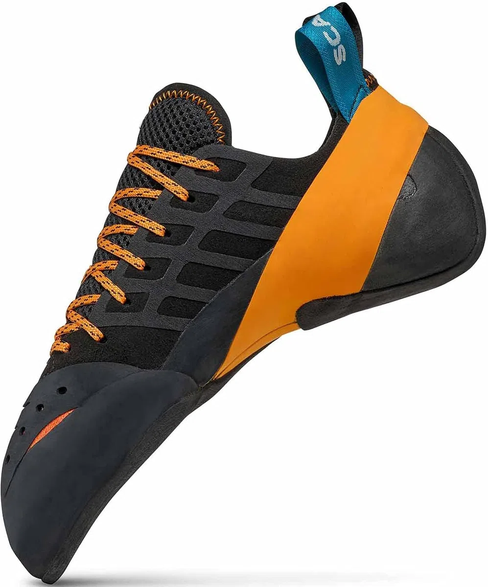 SCARPA Instinct - Zapatos de escalada con encaje para escalada deportiva y boulder, Negro/Naranja, 9-9.5 Women/8-8.5 Men