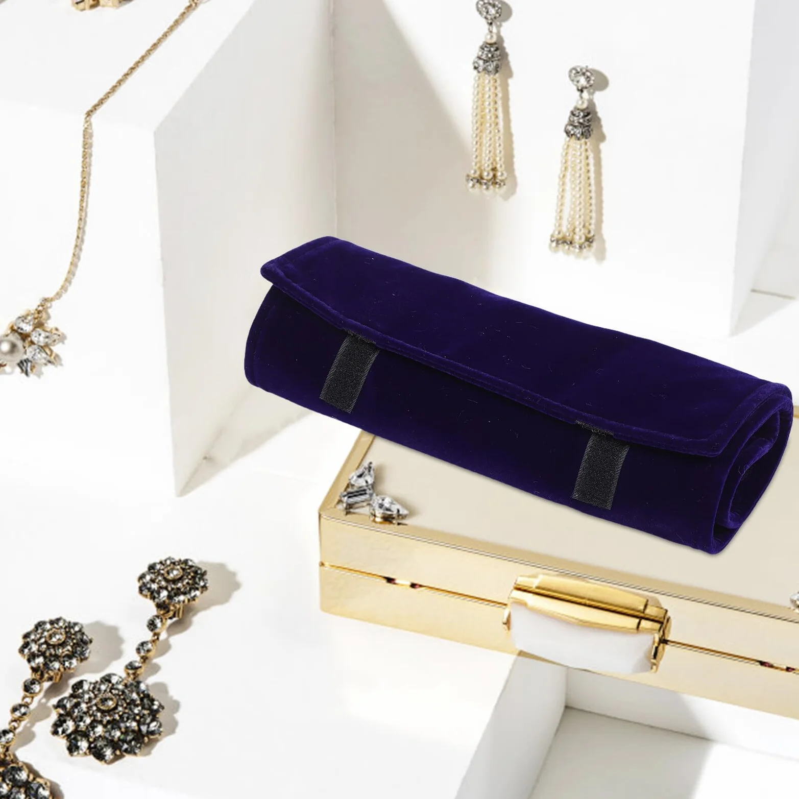 SUPVOX Estuche Organizador de Joyas de Viaje Azul Oscuro de Terciopelo Rollo Porta Collares Antienredos Compacto para Collares Anillos Pendientes y Pulseras Bolsa Enrollable Segura y
