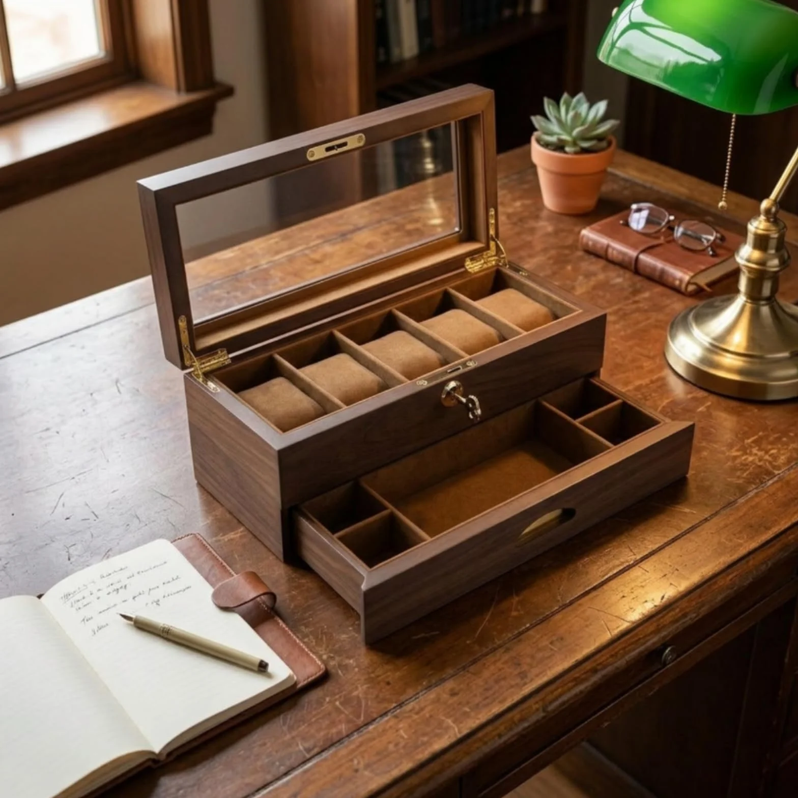 Organizador Relojes con Tapa Cristal Compacto Joyero con Cierre Cómodo Organizadora Joyas Tapa Cristal para, Caja De 6 Relojes De Doble Capa Con Cajón, Acabado En Nogal Negro