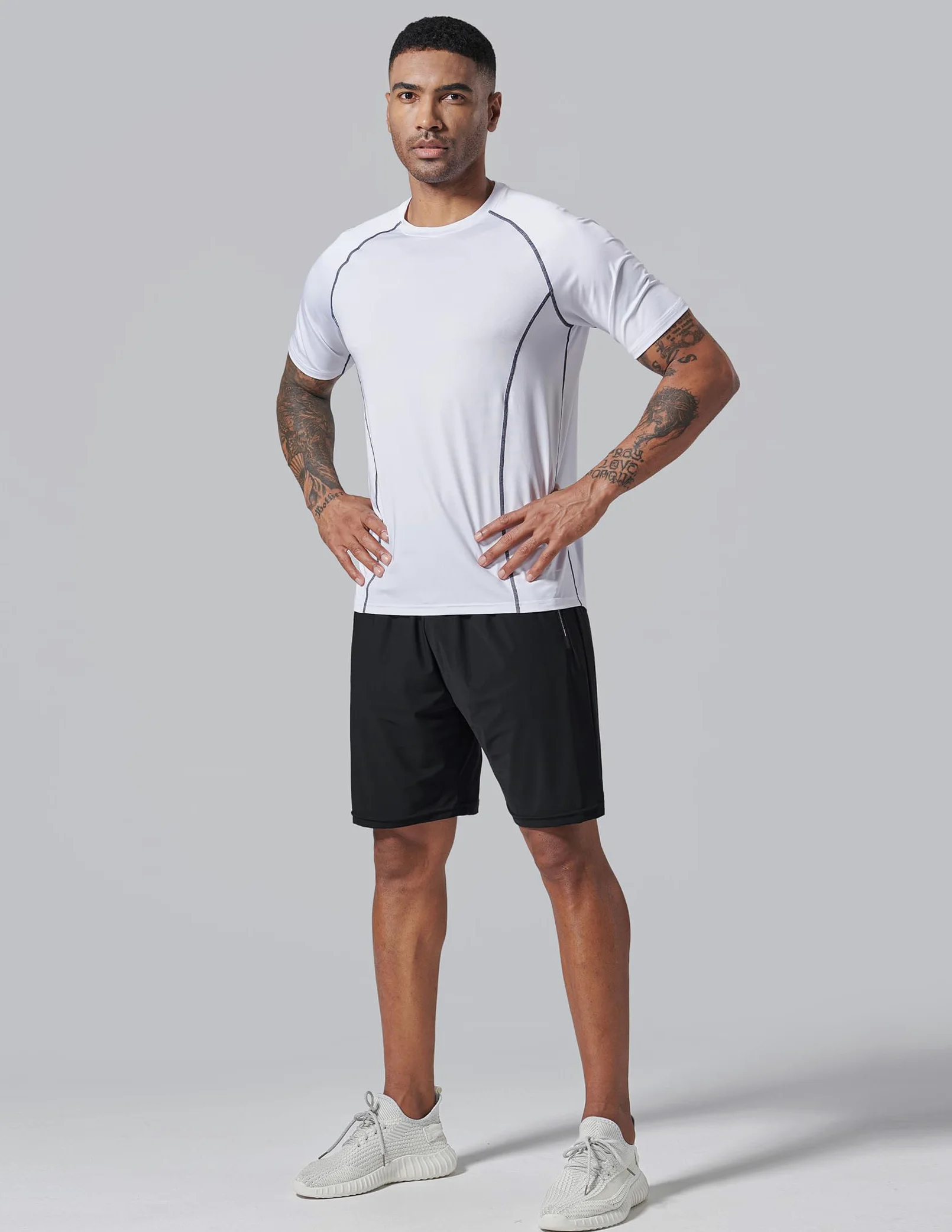 Pack de 5 camisetas de cuello redondo y manga corta para hombre, de secado rápido, para correr, gimnasio o entrenamiento, Blanco, Large