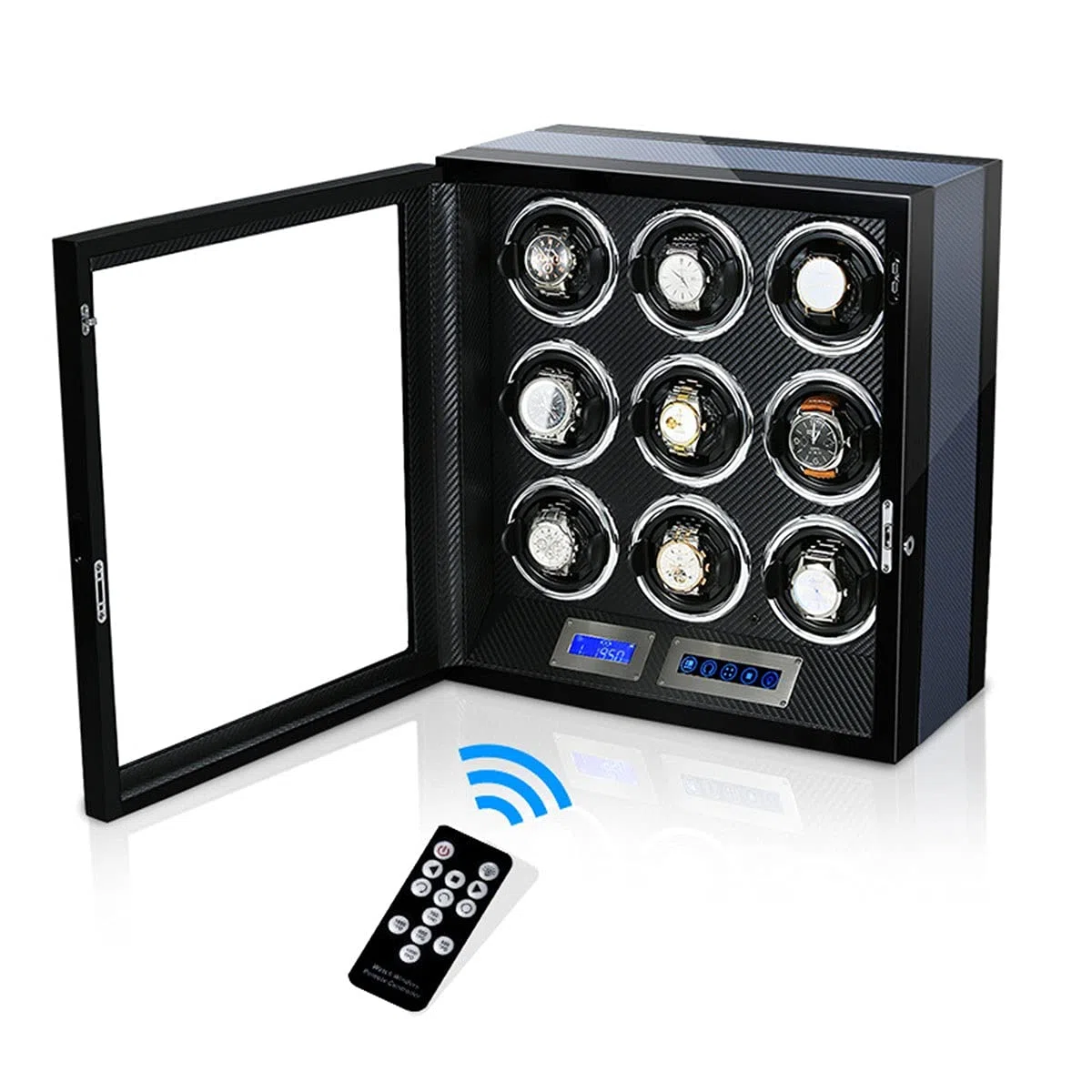 Enrollador de Relojes Enrollador de Relojes para Relojes automáticos Dobles, Almohadillas Ajustables mejoradas para Relojes, con Pantalla táctil LCD y Control Remoto Fibr，Ebony Black-A