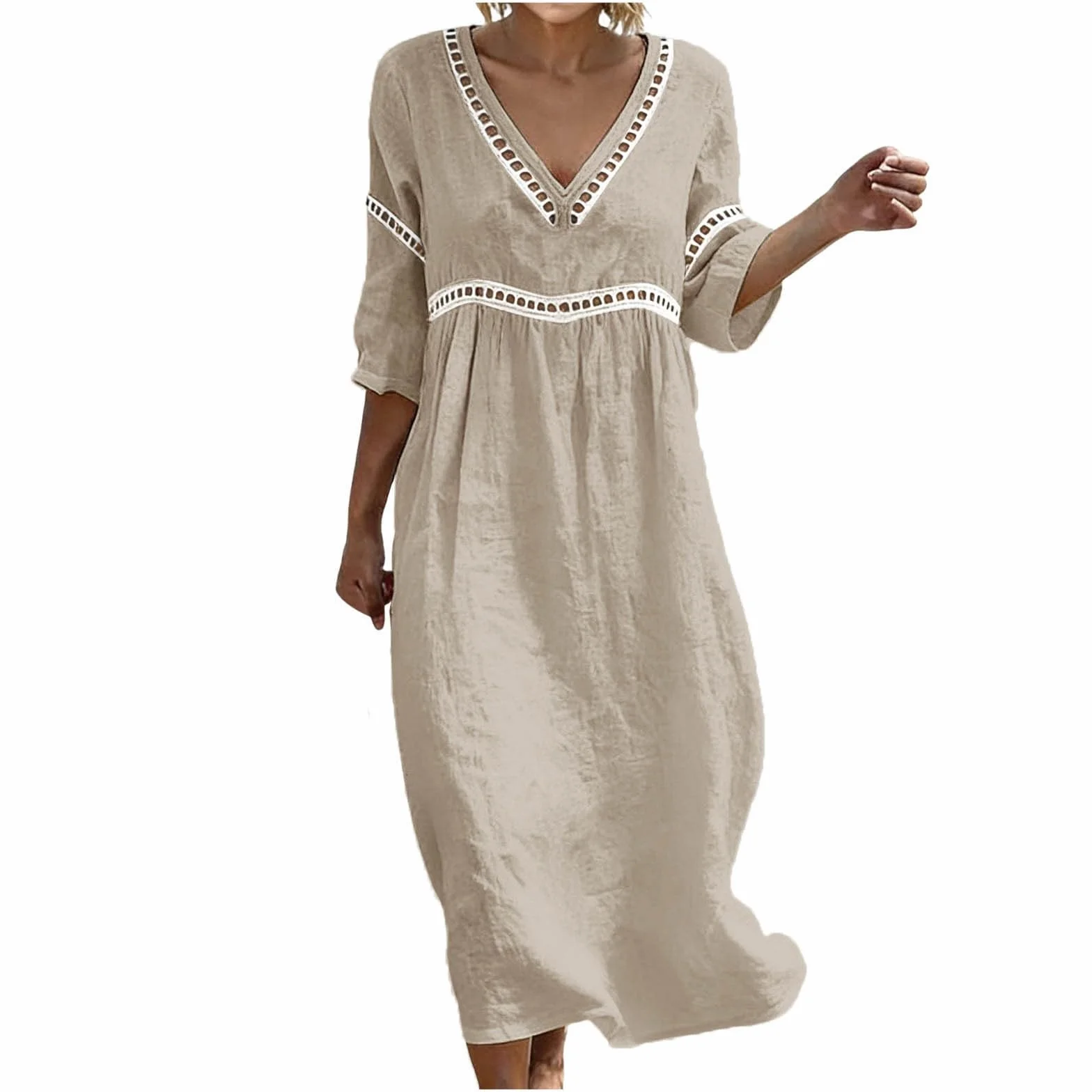 Vestido de Lino Manga Corta Midi para Mujer Algodón Casual Ligero Playa Vacaciones