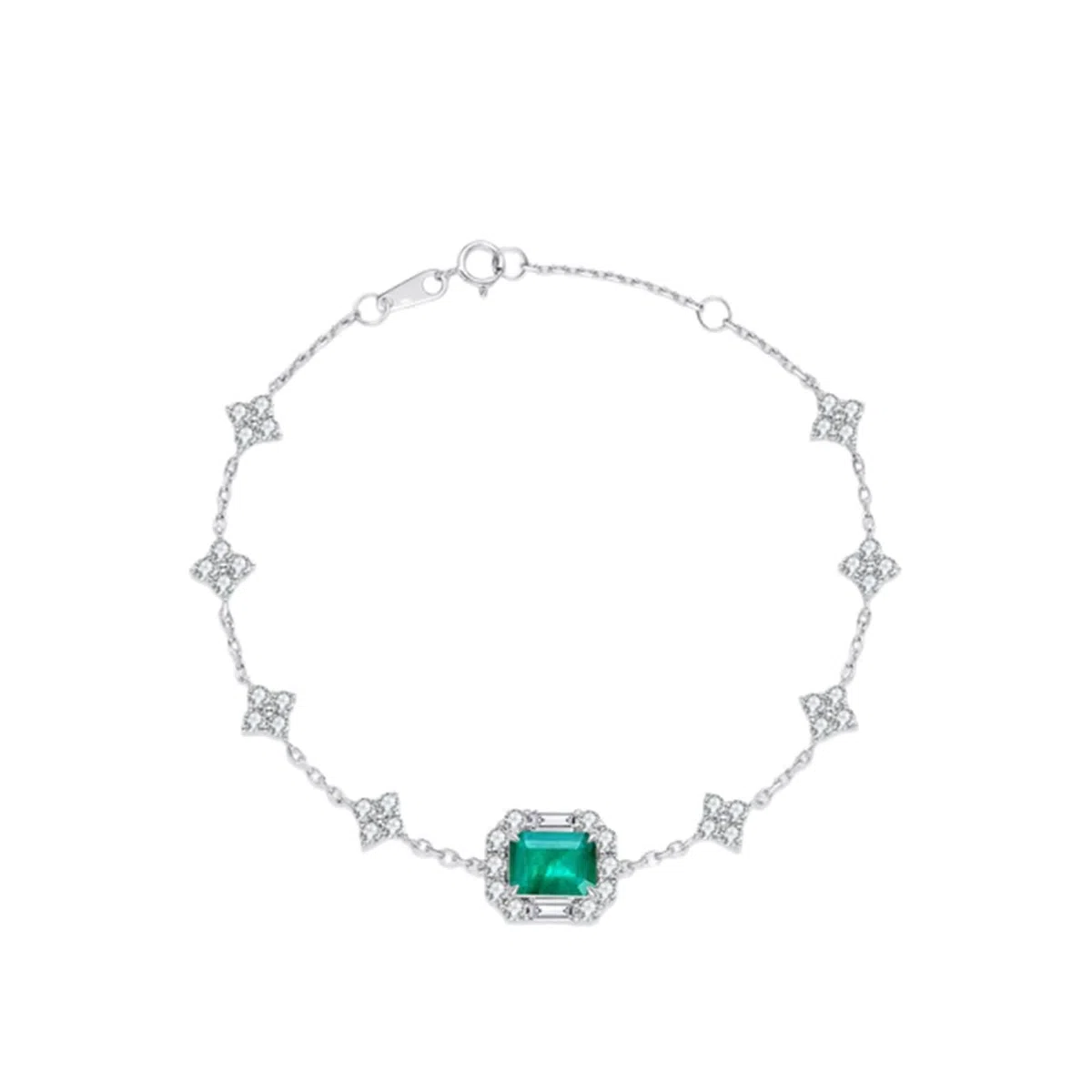 Pulsera de Oro Blanco Mujer 9K / 14K / 18K, Rectángulo con Esmeralda Creada de 0,63 ct y Moissanita de 1,3 ct, Cadena Extensible 16 CM + 5 CM, Pulseras de Mujer Ajustable de Plata Verde