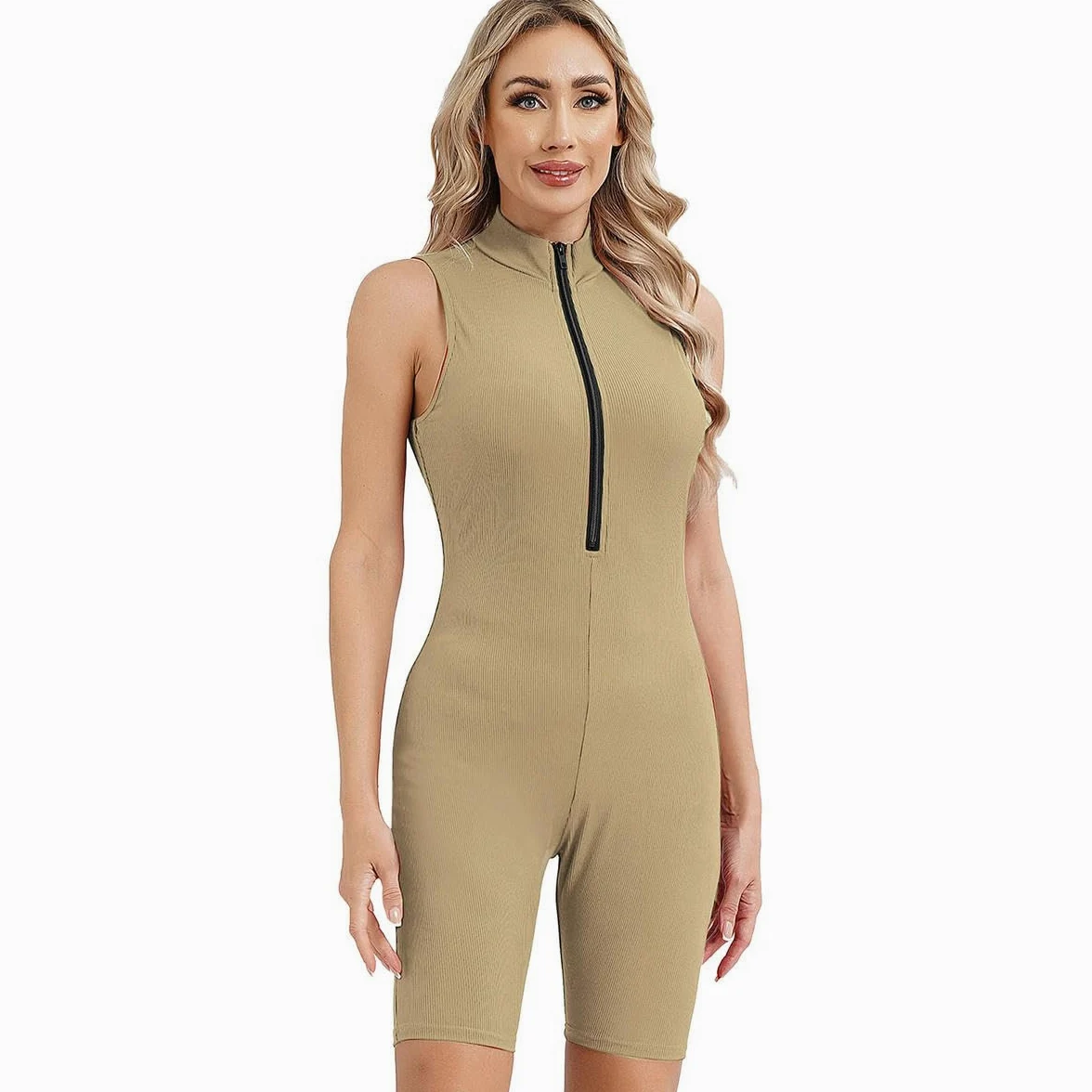 Body deportivo para mujer, sin mangas, con media cremallera frontal, pantalones cortos, para gimnasio, yoga, entrenamiento, ciclismo, ropa deportiva
