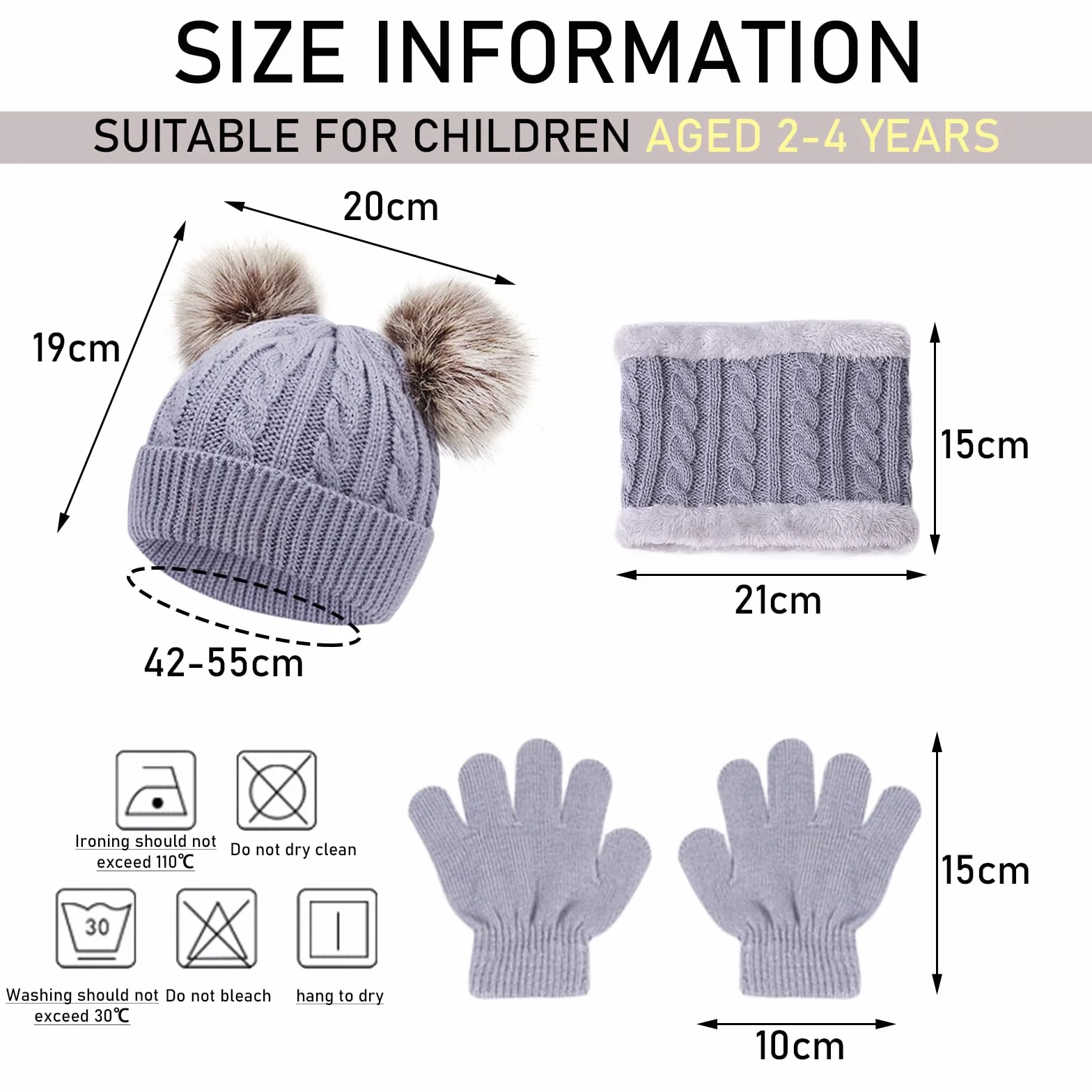 JSTHHTT 3 in 1 Conjunto de Gorro Bufanda y Guantes Niños, Térmico Pompón Beanie Gorro, Sombrero de Punto Invierno Cálido con Pompon, para Niños Niñas 2-4 Años