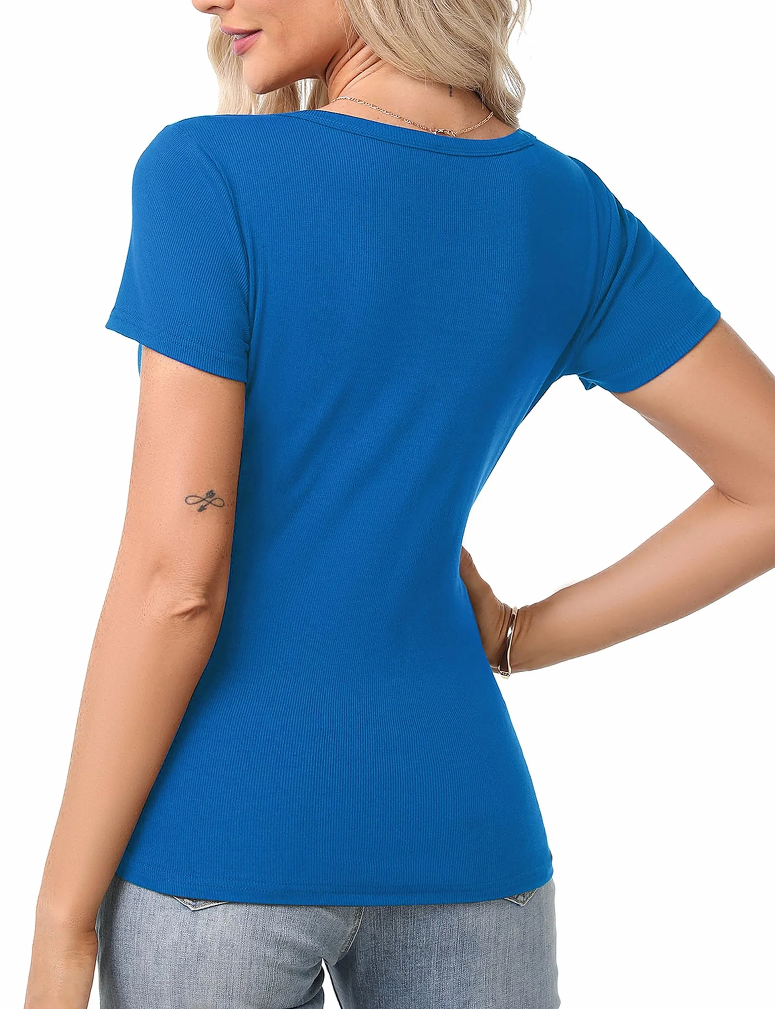 Aottori Camiseta Manga Corta Mujer Verano Cuello V Basica Top Elegantes Punto Canalé Casual T Shirt Elástico Ajustado Sólido Ligero Túnica