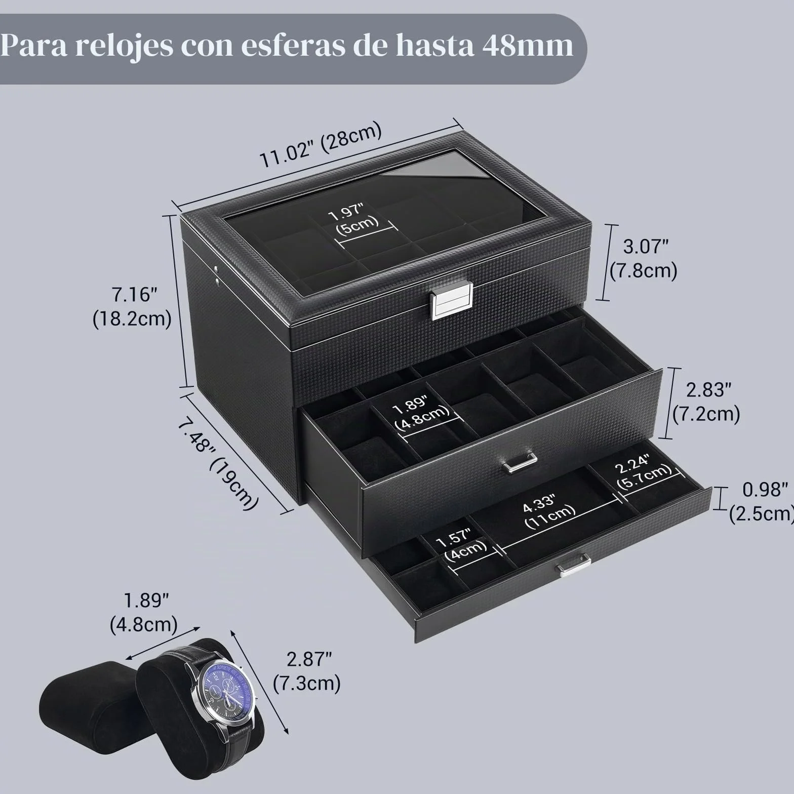 ProCase Organizadora para Relojes para Hombre, 20 Ranuras Caja Organizadora de Joyería de 3 Capas con Cajón Estuche de Almacenaje con Tapa de Cristal Vitrina Expositor -Negro Puro