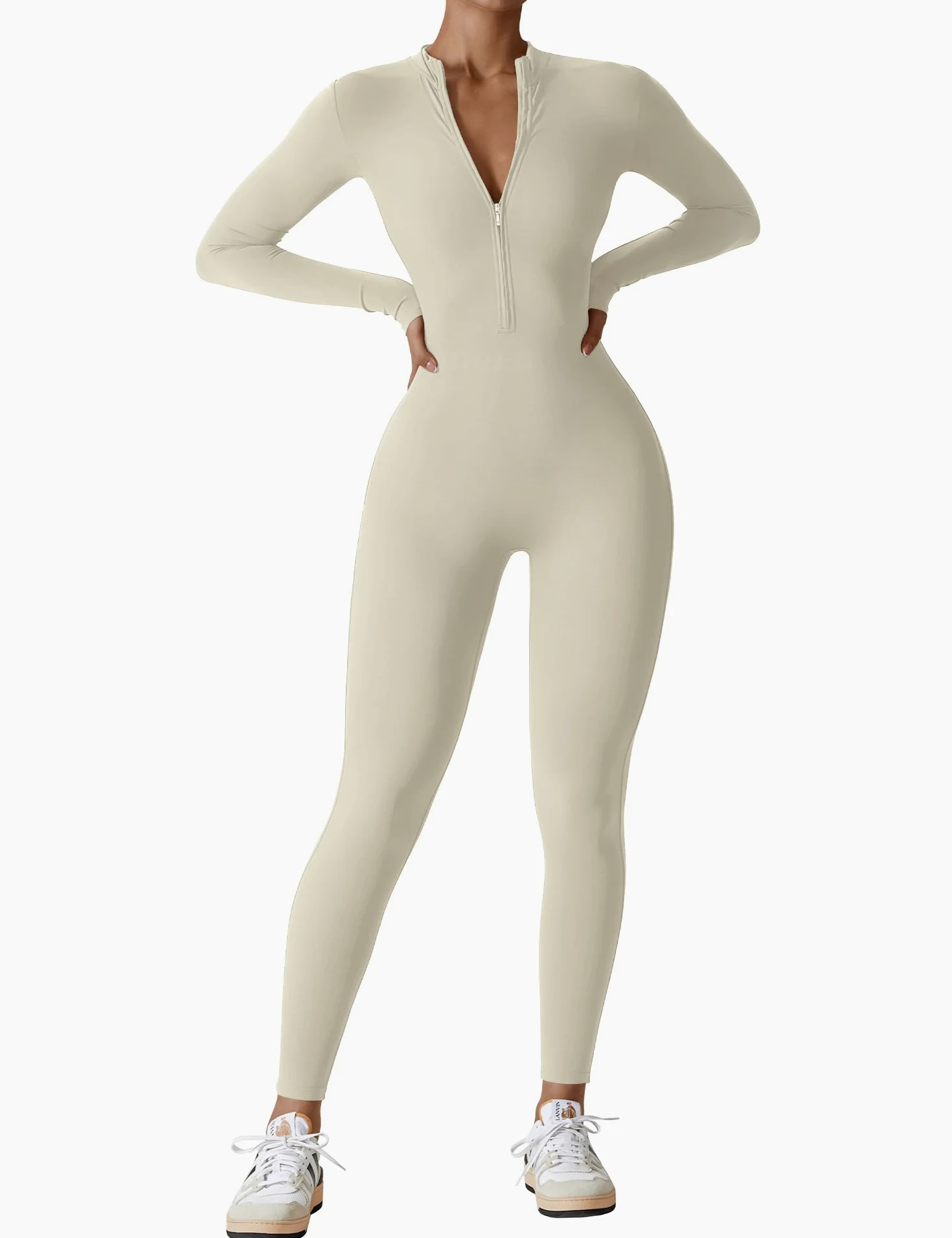 YEOREO Mono de entrenamiento de manga larga para mujer, con cremallera, parte inferior de pantalones, bodycon, sexy, de una pieza, Crema, Small