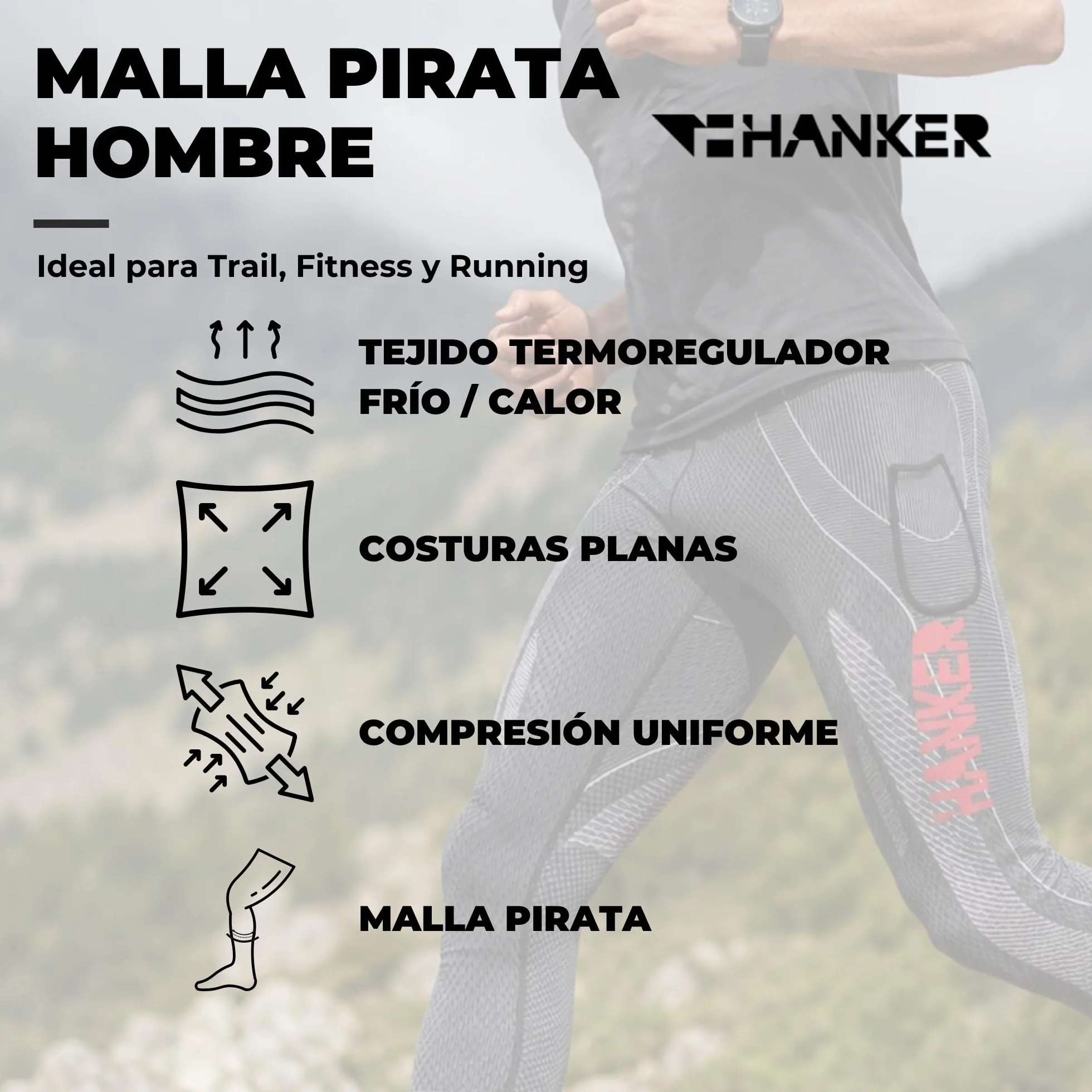 HANKER Mallas de Compresión 3/4 Hombre Running Trail Fitness Bolsillos Grandes Costuras Planas