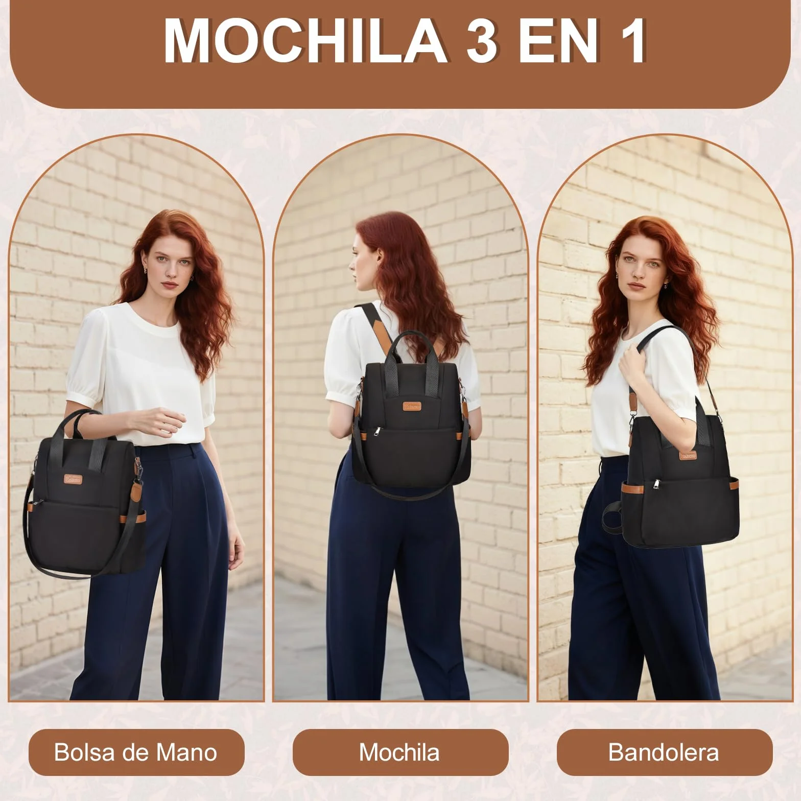 Eshow Mochila Mujer Antirrobo, Bolso Casual con Correa Ajustable y Asa Superior, Bandolera Multifuncional para Uso Diario Trabajo Viaje Escuela Compras y Universidad Negra