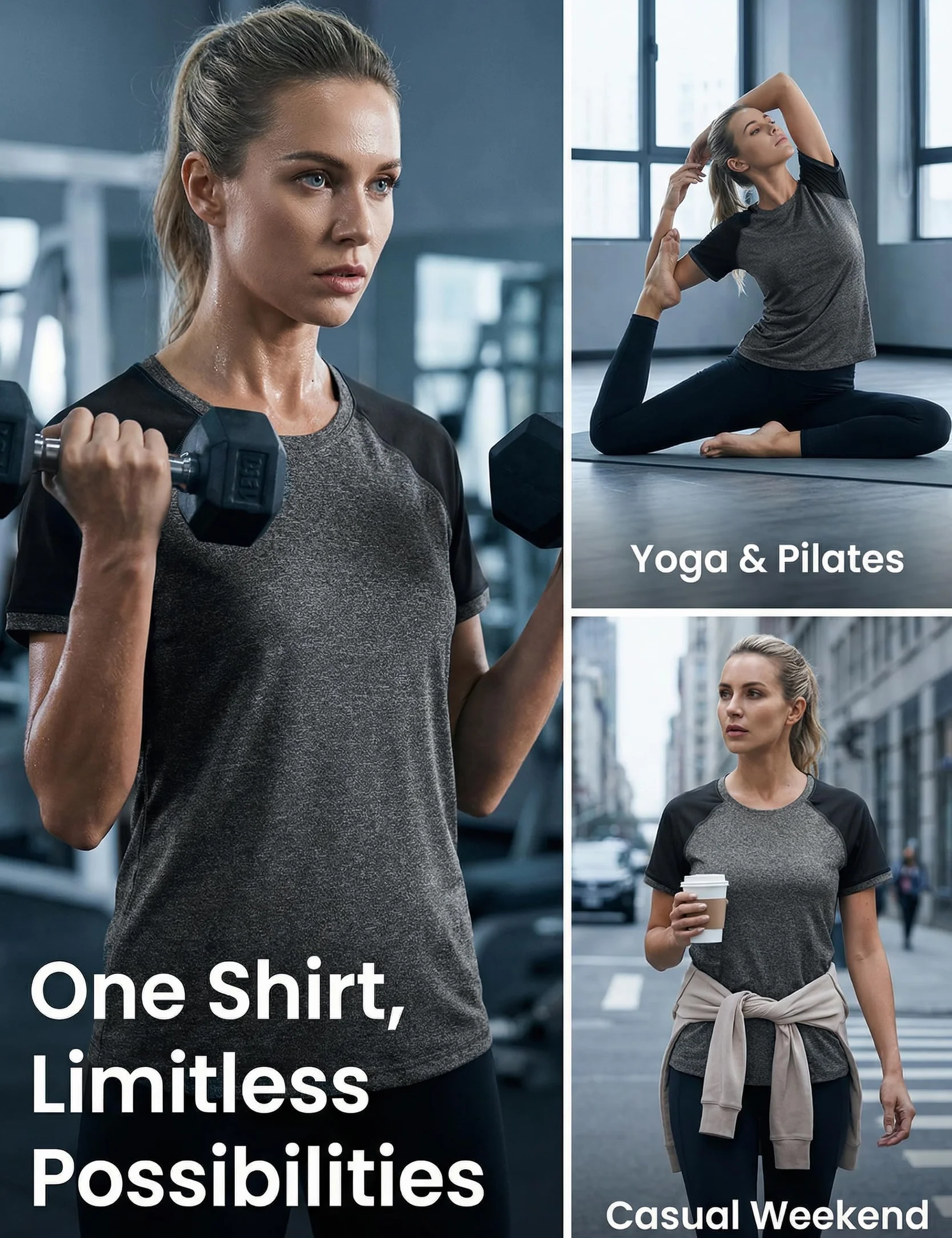 Camiseta Deportiva Mujer Manga Corta Cuello Redondo de Secado Rápido Transpirable Tops para Yoga Fitness Pilates S-XXL