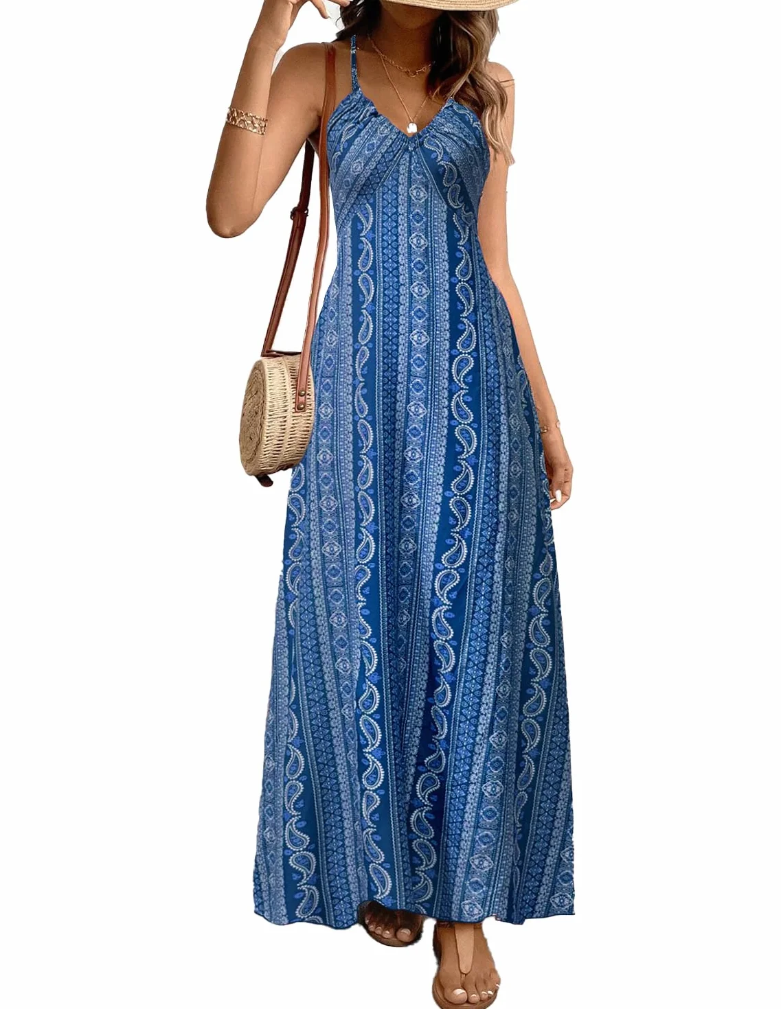 Vestido de Verano Sin Mangas Cuello en V Falda Larga Estampado Bohemio Elegante para Mujer