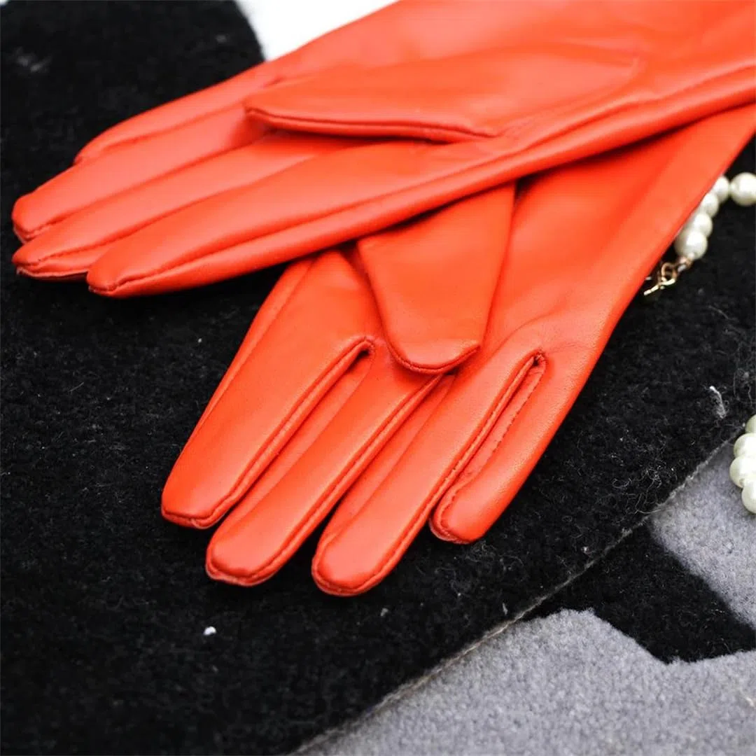 Guantes largos de piel auténtica naranja para mujer, de piel de oveja, por encima del codo, talla personalizada, cálidos, estilo ópera de invierno